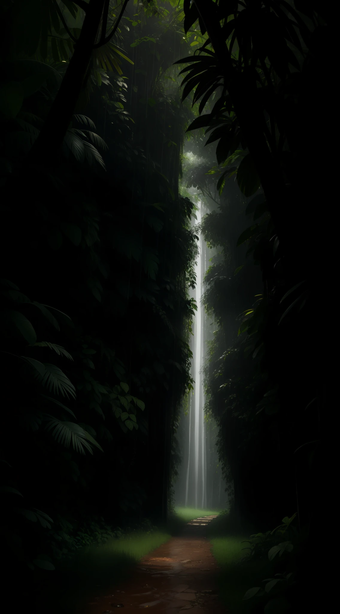 Jungle, heavy rainfall, monochrome, vines everywhere, huge and humid trees, masterpiece, best quality, high quality, very detailed CG unified 8k wallpaper, oil painting, award-winning photography, bokeh, depth of field, HDR, bloom, color difference, realism, very detailed, trends on artstation, trends on CGSociety, intricate, high detail, drama, midjourney art, volumetric lighting