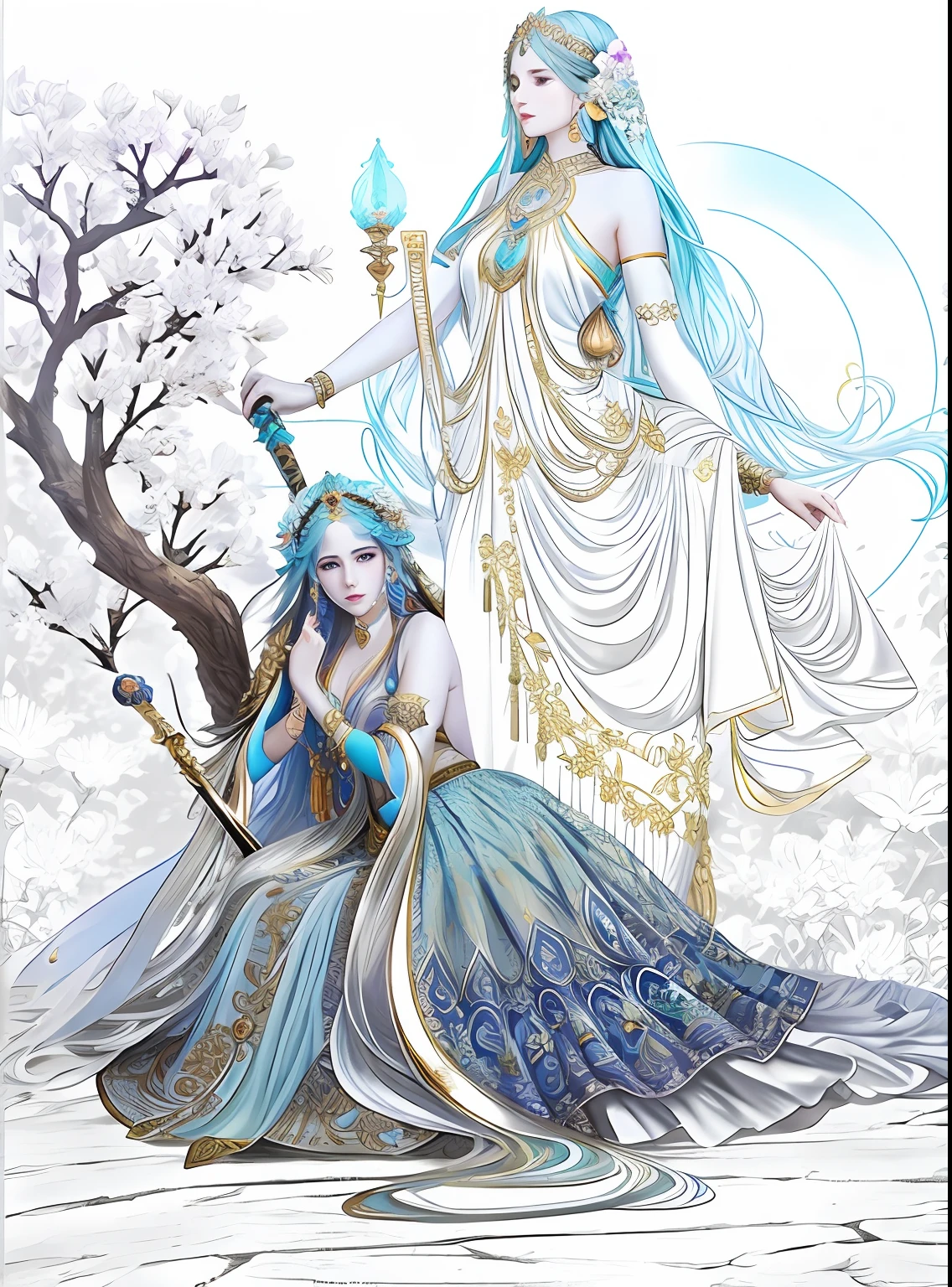 There was a fair lady with a long sword standing by a large tree,Fair smooth skin,flowers in full bloom,It is beautiful and delicate, Gold ornaments,Turquoise decoration,Various gemstones,No clothes,beautiful flowers,Goddess. Extremely high detail, extremely detailed goddess shot, Extremely detailed flower goddess,Blue sky,The background of the character has a light rainbow aperture, hyper HD,psychedelic goddess, goddess art, Beautiful digital artwork, Beautiful goddess,tmasterpiece,4K,Realiy,photorealestic,professional photoshooting,超高分辨率,