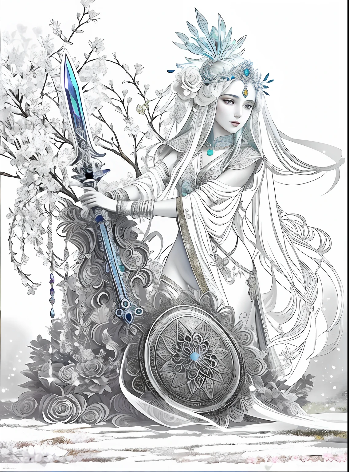 There was a fair lady with a long sword standing by a large tree,Fair smooth skin，flowers in full bloom，It is beautiful and delicate, Gold ornaments，Turquoise decoration，Various gemstones，No clothes，beautiful  flowers，Goddess. Extremely high detail, extremely detailed goddess shot, Extremely detailed flower goddess,Blue sky，The background of the character has a light rainbow aperture， hyper HD，psychedelic goddess, goddess art, Beautiful digital artwork, Beautiful goddess，tmasterpiece，4K，Realiy，photorealestic，professional photoshooting，超高分辨率，