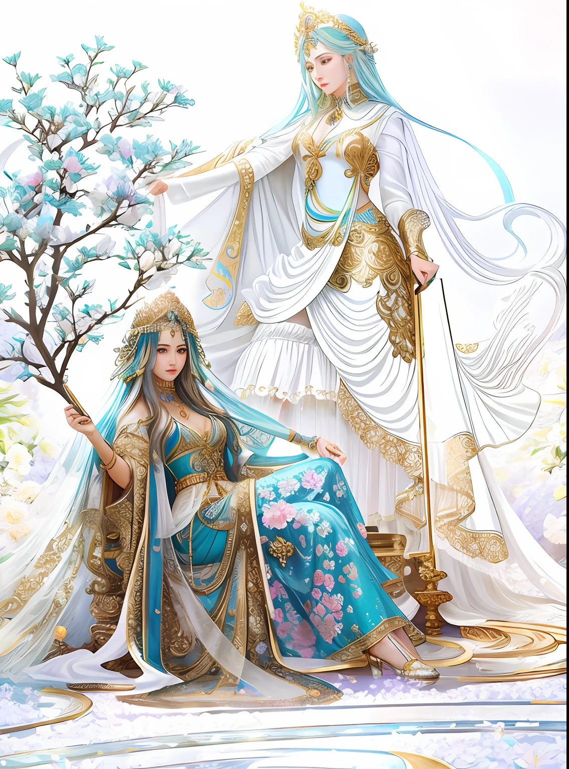 There was a fair lady with a long sword standing by a large tree,Fair smooth skin，flowers in full bloom，It is beautiful and delicate, Gold ornaments，Turquoise decoration，Various gemstones，No clothes，beautiful  flowers，Goddess. Extremely high detail, extremely detailed goddess shot, Extremely detailed flower goddess,Blue sky，The background of the character has a light rainbow aperture， hyper HD，psychedelic goddess, goddess art, Beautiful digital artwork, Beautiful goddess，tmasterpiece，4K，Realiy，photorealestic，professional photoshooting，超高分辨率，