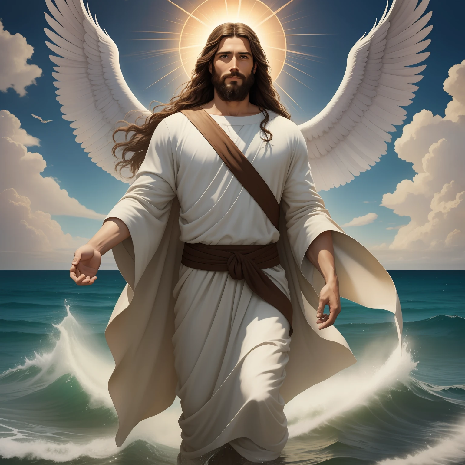 A handsome god Jesus christ ( jesus) blessing to the sky 35 years old with a long brown hair and long beard, heaven blessings light with a cross background) happy face, realistic 8k,A beautiful ultra-thin realistic portrait of Jesus, the prophet, a man 35 years old Hebrew brunette, short brown hair, real perfect eyes, long brown beard, with, Helping People , wearing long linen tunic closed on the chest part, in front view, full body, biblical, realistic,by Diego Velázquez,Peter Paul Rubens,Rembrandt,Alex Ross,8k, Concept Art, PhotoRealistic, Realistic, Illustration, Oil Painting, Surrealism, HyperRealistic, helping people , Digital art, style, watercolorReal Jesus flying on sky with a flying cloud in the background, Jesus walking on water, biblical illustration, epic biblical representation, forcing him to flee, coming out of the ocean, ! holding in hand!, disembarking, god of the ocean, beautiful representation, 8k 3D Model, realistic,
a 3D Realistic of jesus with a halo in the sky, jesus christ, smiling in heaven, portrait of jesus christ, jesus face, 35 young almighty god, portrait of a heavenly god, greg olsen, gigachad jesus, jesus of nazareth, jesus, the face of god, god looking at me, he is greeting you warmly, he is happy, avatar image