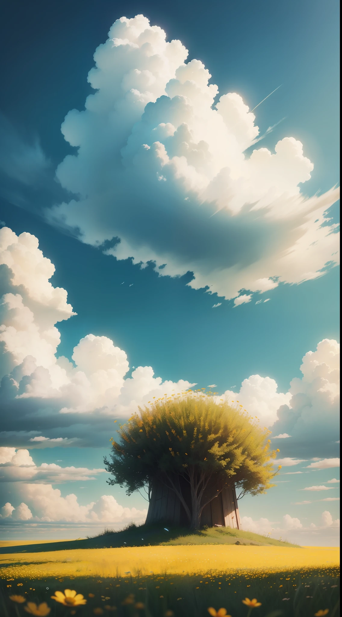 Summer prairie, meadow, few small flowers, large clouds, blue sky, hot weather, HD detail, hyper-detail, cinematic, surrealism, soft light, deep field focus bokeh, ray tracing, and surrealism. --v 6