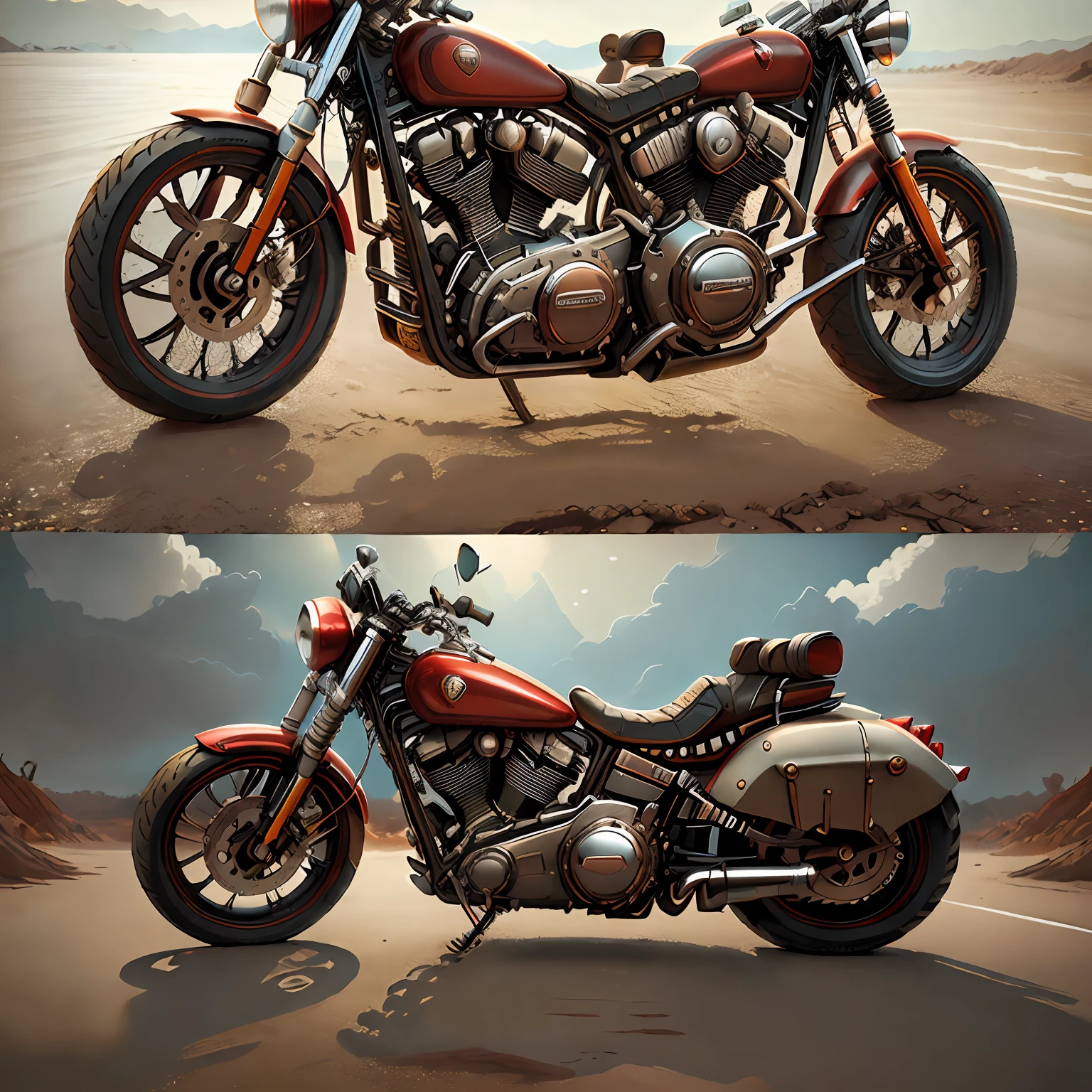 Harley-Davidson Estrada Glide: A touring bike with a characteristic double windshield,(total view) ,Mad Max CogPunkAI ,Cores k, (VERMELHO FERRARI),4D ,rota 66