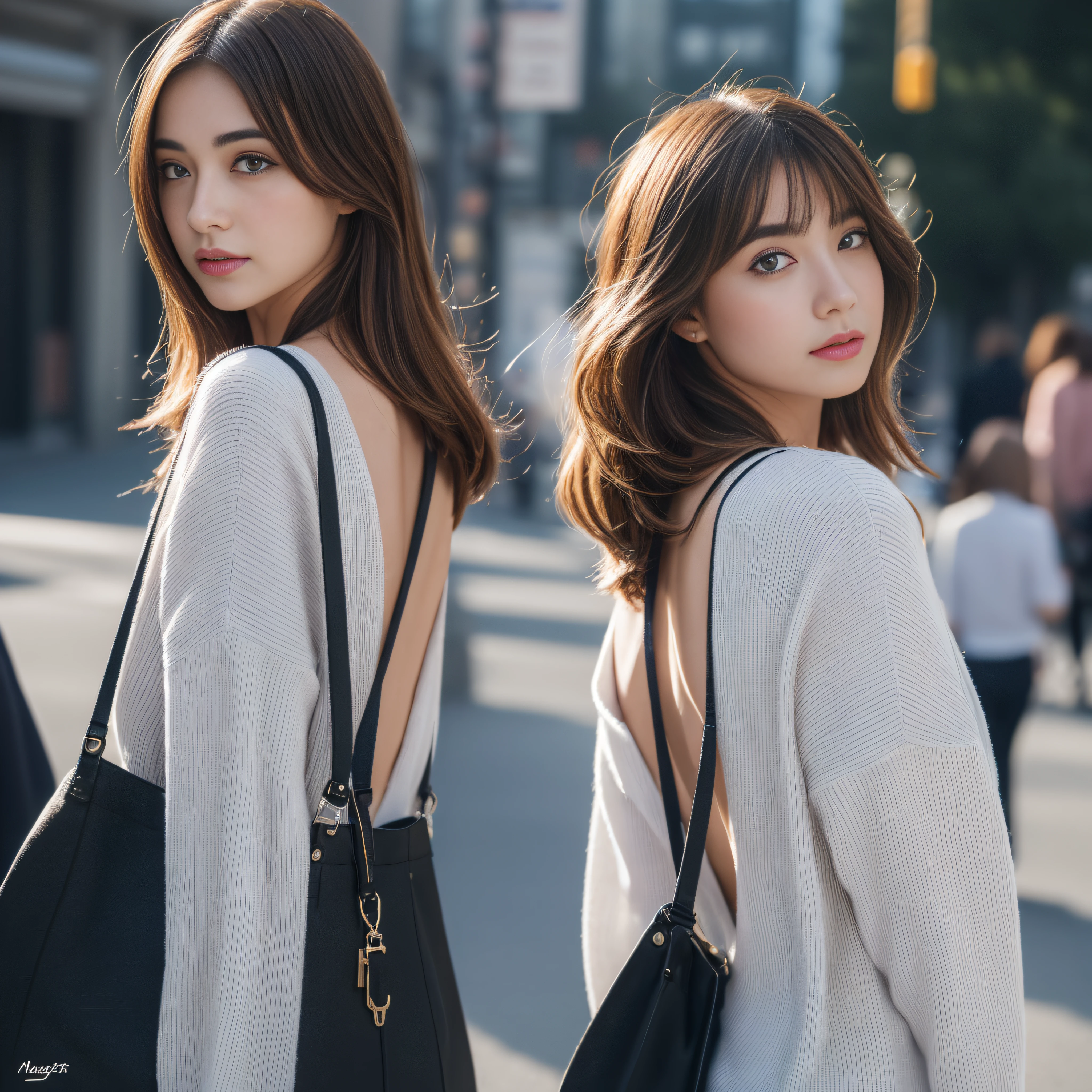 ((top-quality、8K、masuter piece:1.3))、onepersonShot、1Man Model Body Type Beauty:1.20、Cinematic tones of the night、Full body、Dynamic Pose、Wide View、fish-eye lens、I have a bag and a smartphone、Summer Fashion、(Highlight Haircuts)、(((Back lighting)))、Influencer、Bustling street、Black off-shoulder、full body Esbian、1人、Hungarian、bule、shinny detailed skin、hyperdetailed face、A detailed eye、二重まぶた、full body Esbian、Brown hair、