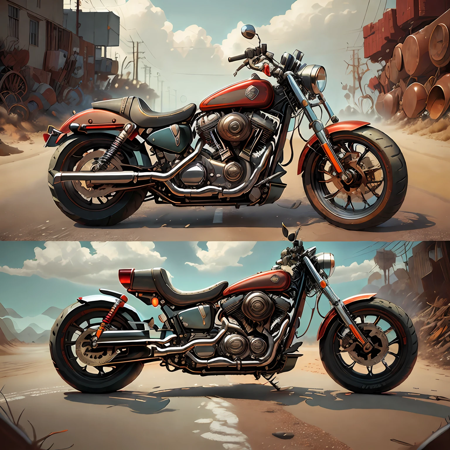 Harley-Davidson Estrada Glide: A touring bike with a characteristic double windshield,(total view) ,Mad Max CogPunkAI ,Cores 64 k, (VERMELHO FERRARI),4D ,rota 66