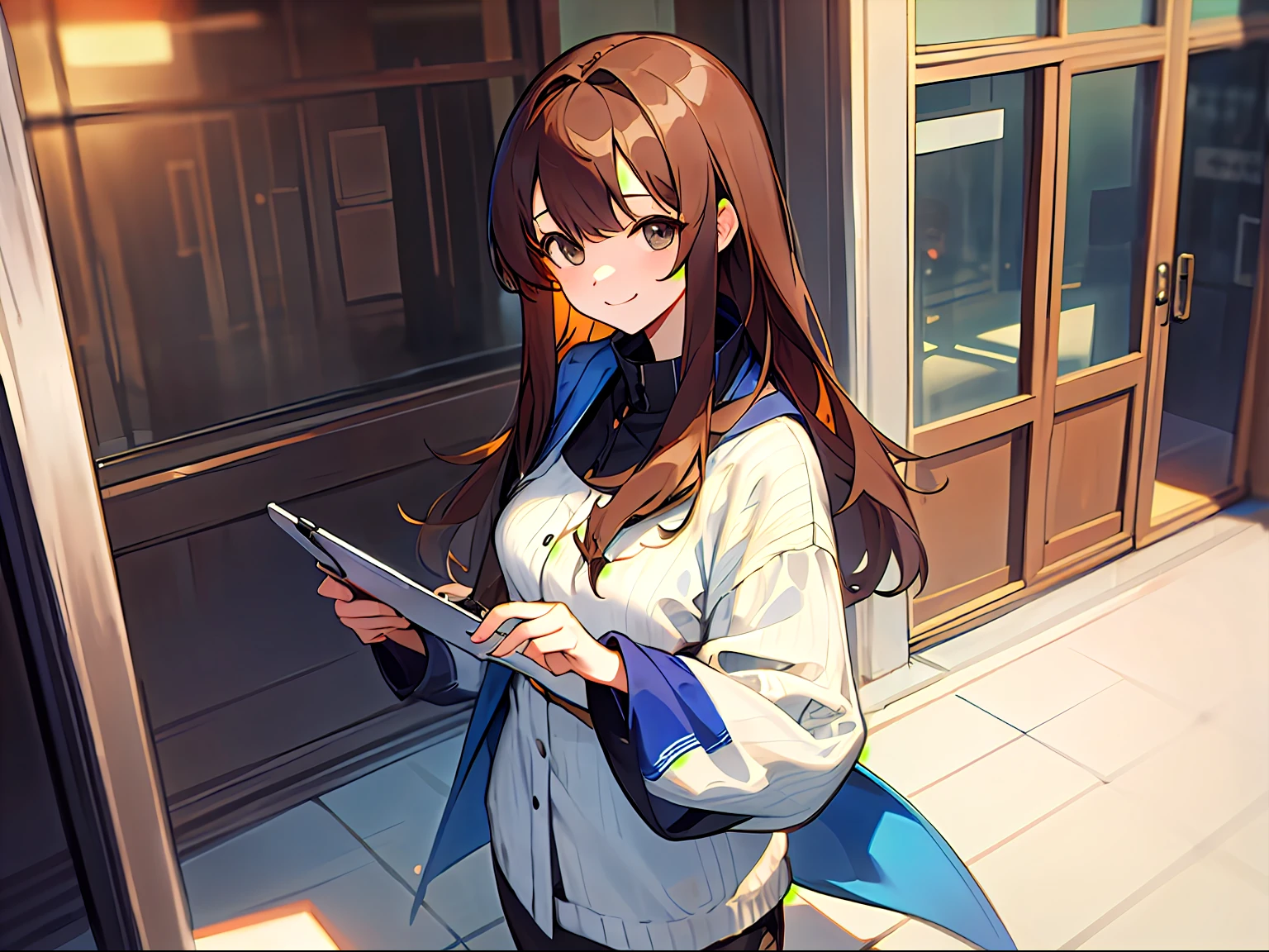Office Lobby、Large room、Stylish、Adult woman in anime holding tablet PC by her side((I have a tablet holding))、Taking a walk、((((Walk、Above the knee))))、25-years old、Upper body, mid-shot, femele, Detailed eyes, ((Beautiful woman with laptop)), ,Semi-long hair, Brown hair, Bangs,Everyday clothes、Clothes without a collar、Fashionable、Long sleeves,、frontage、 Smiling smile、