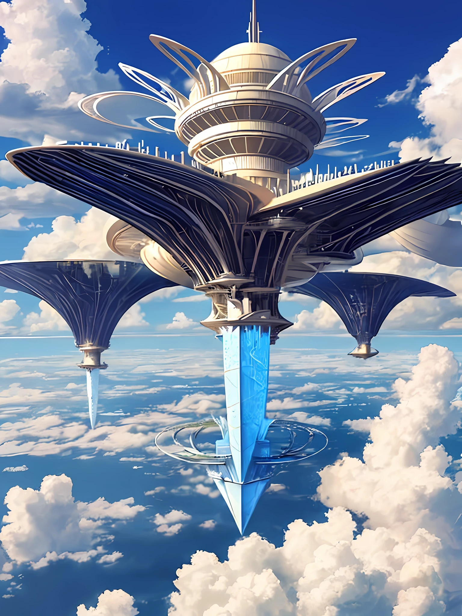 bird's eyes view，(sky cities），Lots of clouds，Sea of Clouds，Giant towers and ring-shaped stacked buildings at the top of the city，There are many arches and bridges，and the sci-fi crystal cathedral with flying buttresses，waterfallr，Many ships，Matte painting by James Gurney，Trends on CGSociety，Supersaturation，Super sharp，Ultra-realistic