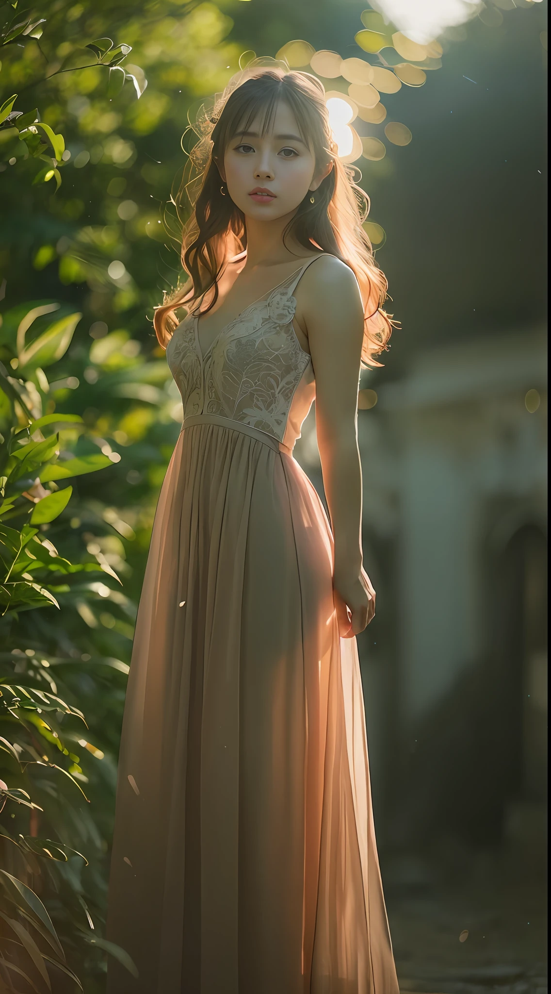 (nikon RAW photo, 8k), (photorealistic:1.3),1girl, full body, solo, fashion portrait, fashionable outfit, stuning dress ,royal garden, classic, cinematic lighting, utopian, euphonium, ((light particles)), realistic, morning sun, dynamic, fresh,best quality, exquisite details, high-resolution, 85mm film, timeless elegance. portrait photography, 85mm film, natural blurry