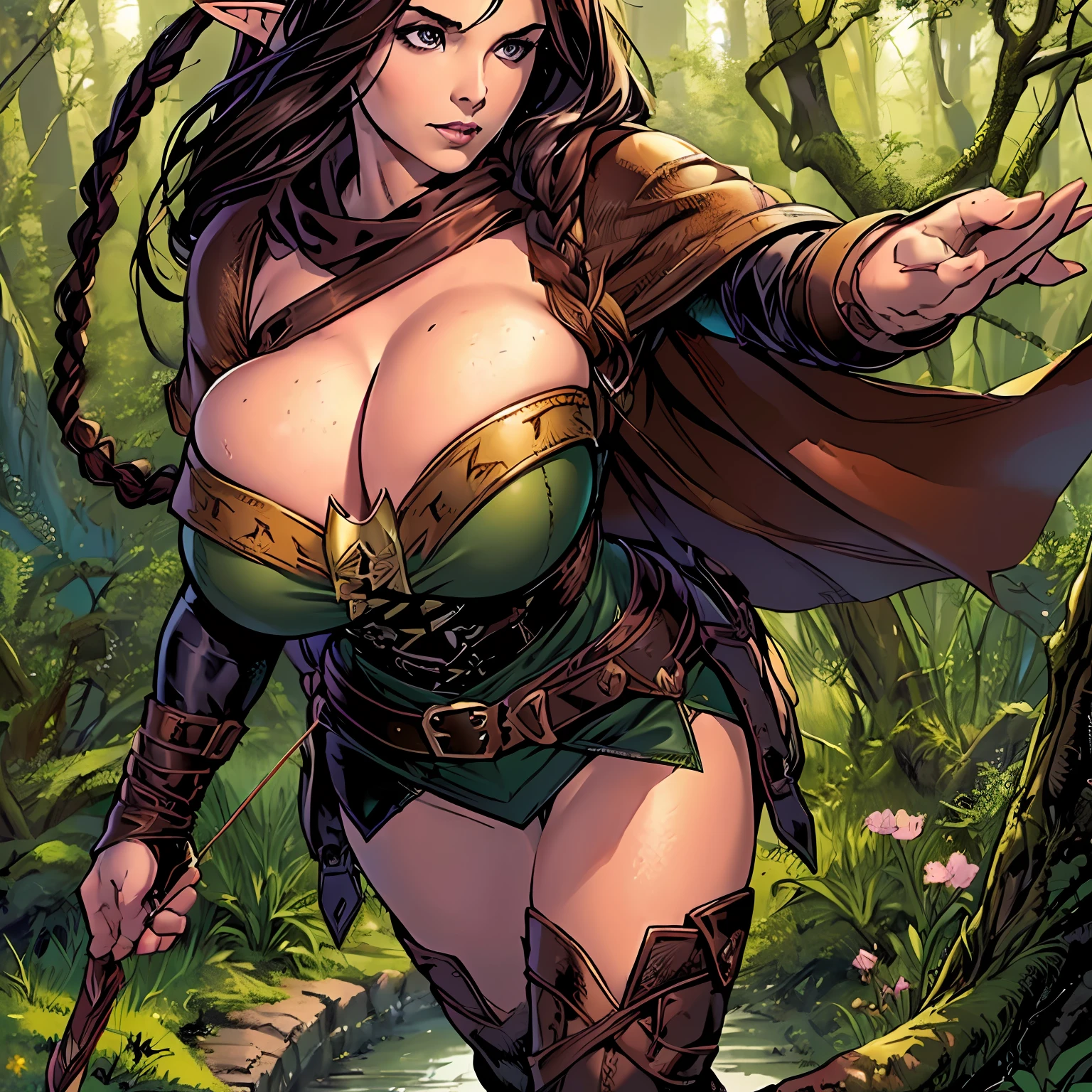 (masterpiece, top quality, best quality, official art, beautiful and aesthetic:1.2), (1girl:1.3), dark brown hair in a single braid, extremely detailed, portrait, looking at viewer, solo, (full body:0.6), detailed background, close up, cat eyes, (warm summer forest theme:1.1), (elf) ranger, charlatan, smirk, mysterious, running in forest, revealing ranger attire, brown leather, cowl, cloak, corset, long boots, buckles, straps, pouches, bow and arrow, green fabric, brown leather, ((((gigantic breasts, cleavage, skindentation)))), slim waist, slim hips, long legs, medieval (forest exterior:1.1) background, dark mysterious lighting, shadows, magical atmosphere, dutch angle