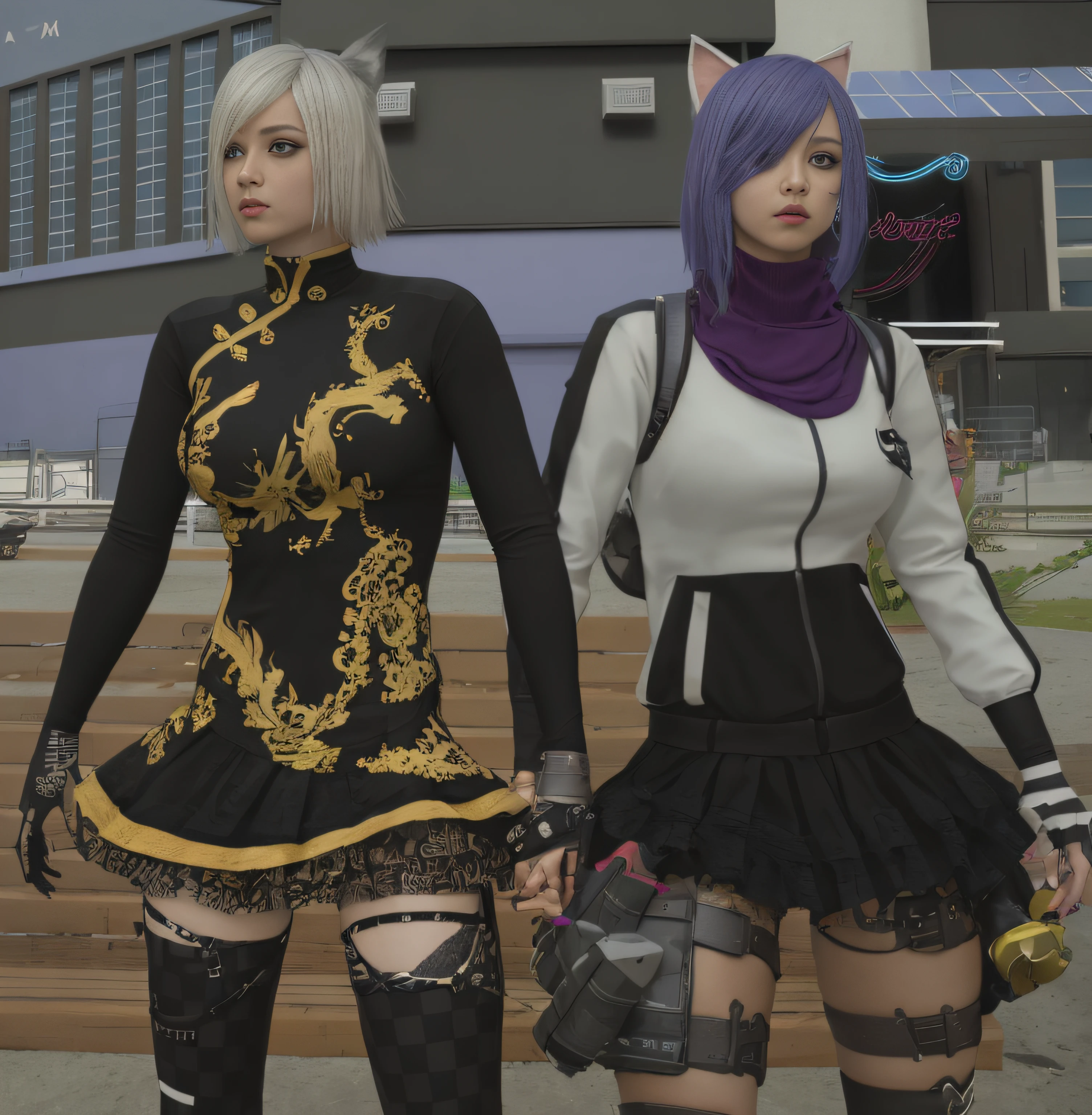 Two women dressed in costumes standing next to each other holding hands, Hand in hand, holding hands, vestido com roupas crustpunk, Nixeu e Sakimichan, vestido com roupas punk, Ayami Kojima e Lyde Caldwell, jrpg aztec moda de rua, jrpg moda, roupas diversas, medium shot of two characters, KDA e Sam Yang, estilo de jogo square enix, mechanic punk outfit,  Motor irreal : : maquiagem, Retrato de Jinx de Arcane, menina atraente,  gatinha, gatinha jovem bonita,  com o rosto muito detalhado,