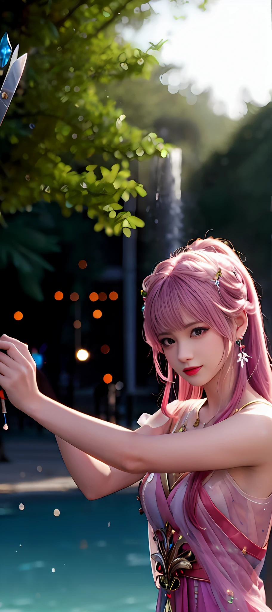 realisticity: 1.2), best quality, masterpiece, highres, super detail, ultra detail, cg, 1girl, weapon, sword, long hair, dress, water, solo, jewelry, red dress, earrings, hair ornament, splashing, upper body super realistis, hair bun, blue and pink hair, city backgraun realistis, lighting,candid, Photograph, high resolution, 8k, 10k, Bokeh,