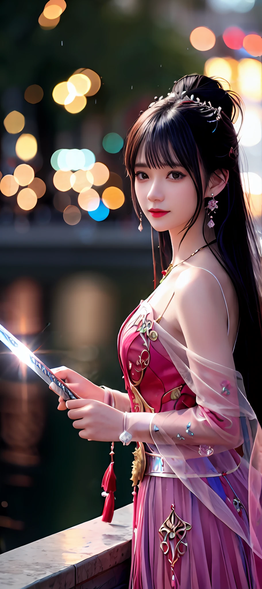 realisticity: 1.2), best quality, masterpiece, highres, super detail, ultra detail, cg, 1girl, weapon, sword, long hair, dress, water, solo, jewelry, red dress, earrings, hair ornament, splashing, upper body super realistis, hair bun, blue and pink hair, city backgraun realistis, lighting,candid, Photograph, high resolution, 8k, 10k, Bokeh,