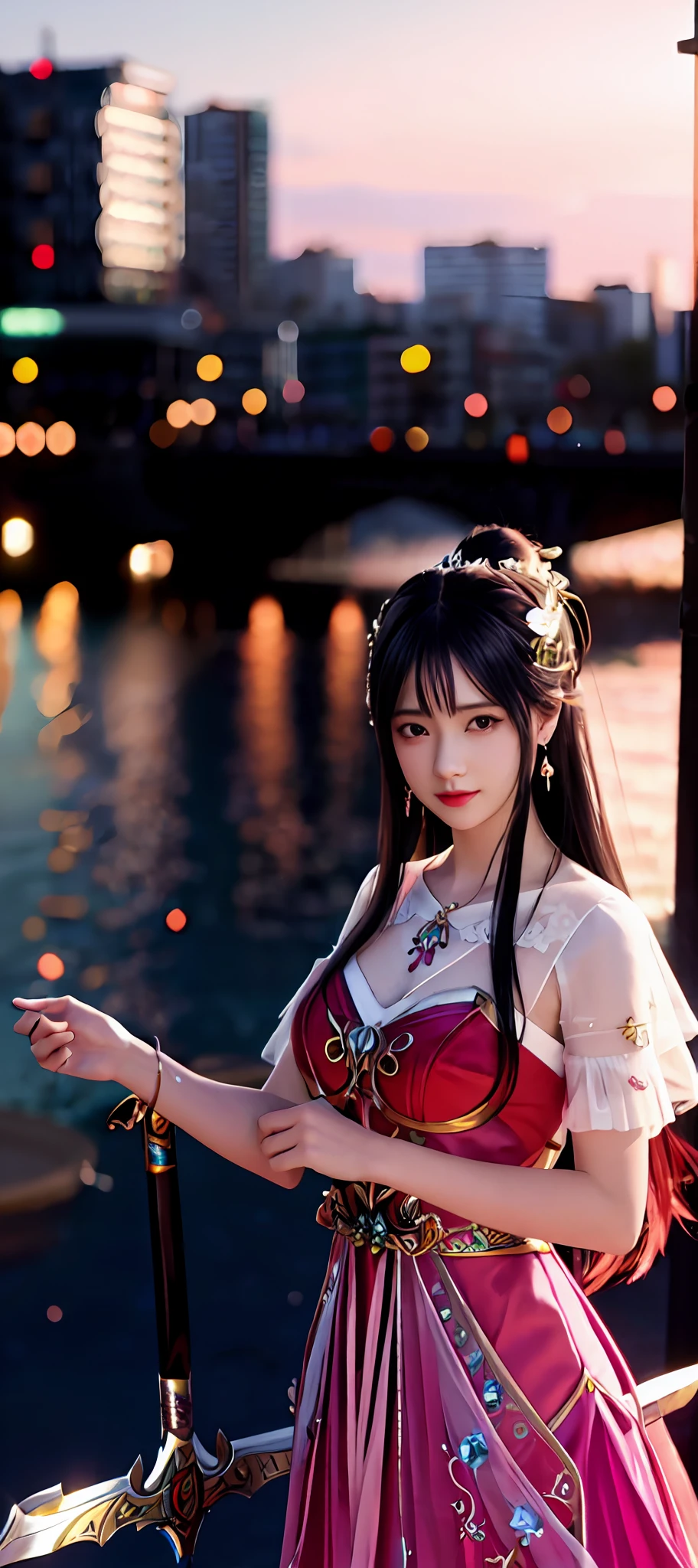 realisticity: 1.2), best quality, masterpiece, highres, super detail, ultra detail, cg, 1girl, weapon, sword, long hair, dress, water, solo, jewelry, red dress, earrings, hair ornament, splashing, upper body super realistis, hair bun, blue and pink hair, city backgraun realistis, lighting,candid, Photograph, high resolution, 8k, 10k, Bokeh,