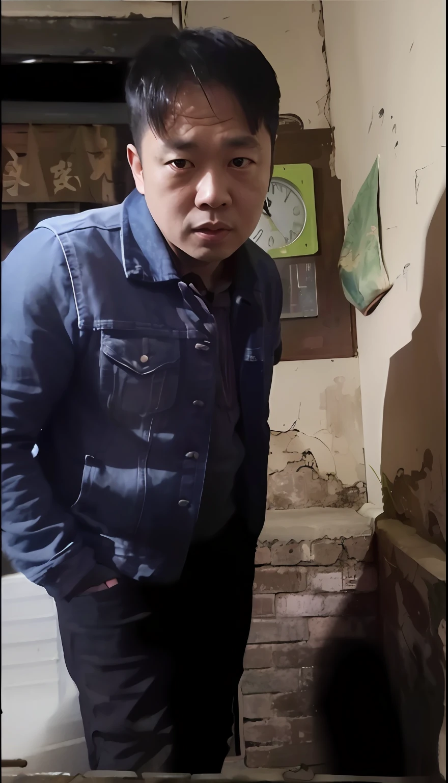 There was a man standing in a room,There is a clock hanging on the wall, standing in an alleyway, wearing dirty travelling clothes, in a narrow chinese alley, standing in a dark alleyway, low quality video, chinese artist, his clothes are torn and dirty, wearing a jeans jackets, In an alley, wearing blue jacket, YouTube video screenshots
