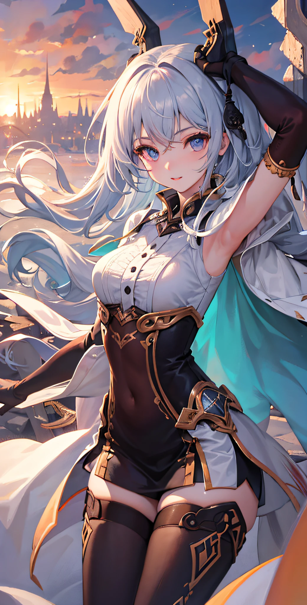 officialart,unity8kwallpaper,ultradetailed,beautifulandaesthetic,masterpiece,bestquality,best quality,A girl,,yaohu,solo,The upper part of the body,looking at viewer,,,Hands open,.
