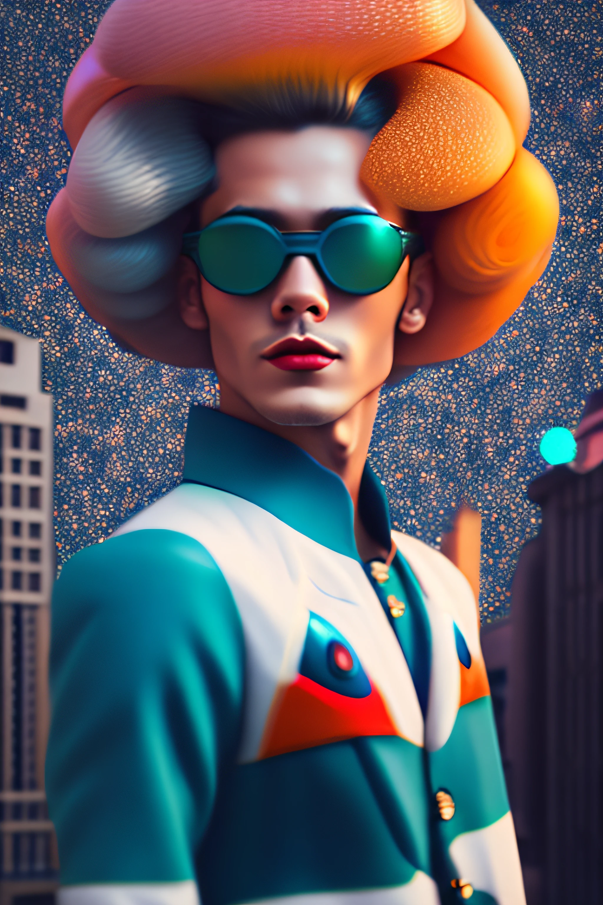 (portrait fashionista man middle ages 1950s with intricate colorful trendy glossy polarised goggle), flufly clorful hair, smily expression, (Extremely Detailed digital photography:1.2), standing in middle of city, (((full body))), raw picture, analogue, Hasselblad, 50asa, f8, 12mm, glow effects, godrays, Hand drawn, render, 8k, octane render, cinema 4d, blender, dark, atmospheric 4k ultra detailed, cinematic sensual, Sharp focus, humorous illustration, big depth of field, Masterpiece, colors, 3d octane render, 4k, concept art, trending on artstation, hyperrealistic, Vivid colors, rim light, extremely detailed CG unity 8k wallpaper, trending on ArtStation, trending on CGSociety, Pop Art style by Yayoi Kusama, Intricate, High Detail, dramatic
,pure energy, light particules, sci-fi