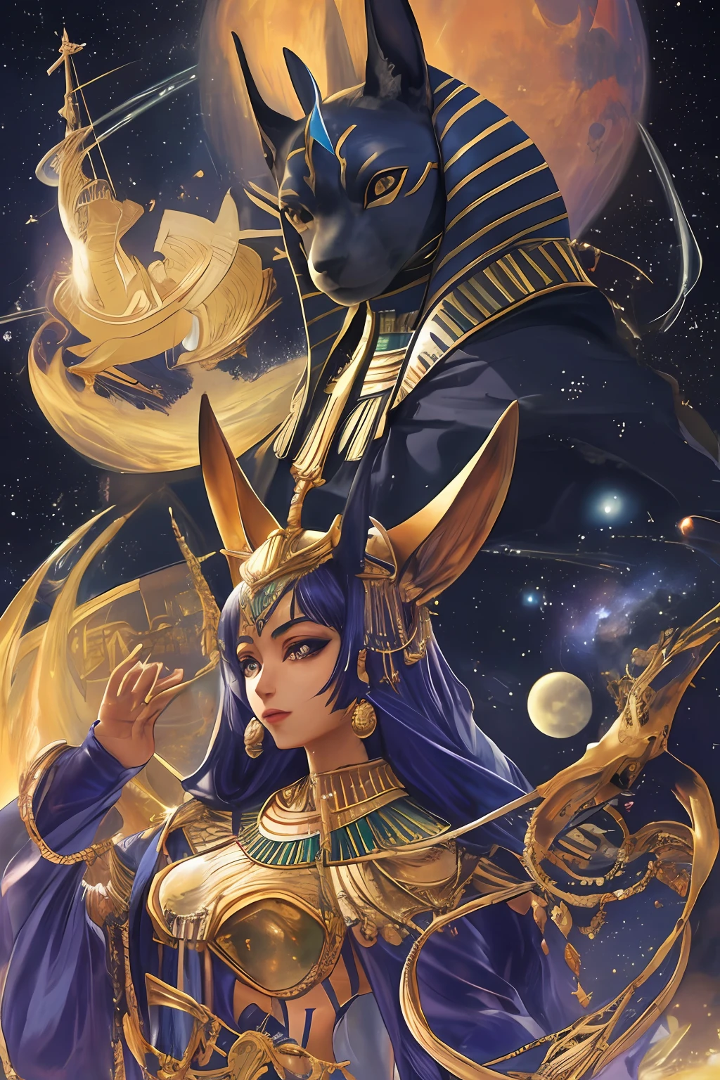 melhor qualidade, (obra-prima: 1.2), OldEgyptAI, cornish rex, criaturas de fantasia,(Pintura digital), (melhor qualidade), Egyptian pyramids, alta qualidade, Stunning night sky, Estrelas cintilantes, lua cheia suave, Mysterious Milky Way, Vento suave, serene silence, Connection with the infinite universe ,anubis