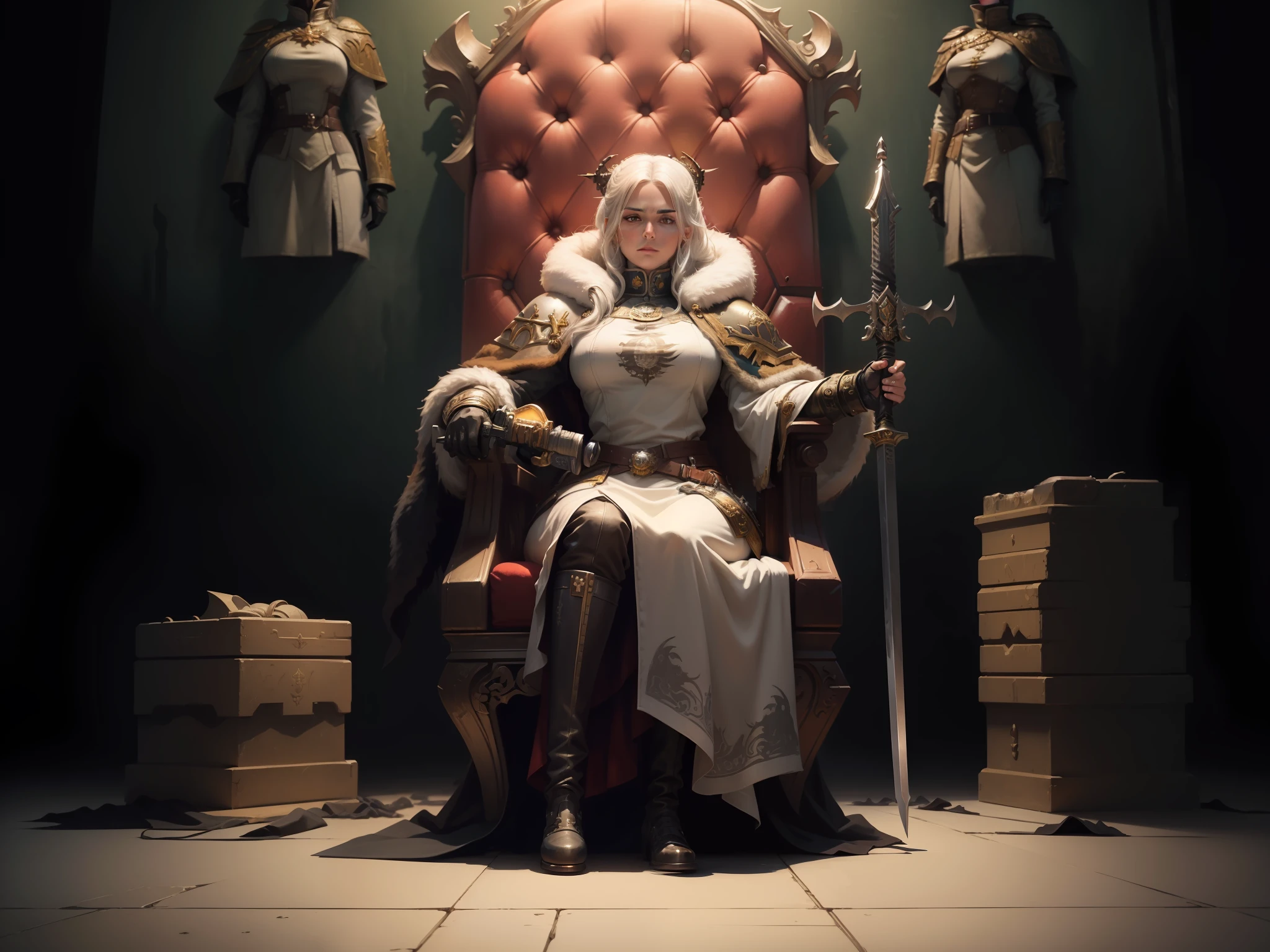 (hyperrealistic), (illustration), (high resolution), (8K), (extremely detailed), (best illustration), (throne room), (best quality), (super detailed), (masterpiece), (wallpaper), (detailed face), 1 girl, white hair, ((warhammer 40k)), (sitting on throne), dystopian scene, (lord castellan Ursula Creed), military uniform, (looking at camera), (fur coat), cadian troops, two guns at waist, (grimdark), cadian standard, (banners on wall), Cadia, ((holding power sword to the ground)), servants, (stern look), (legs spread), large hall, low angle