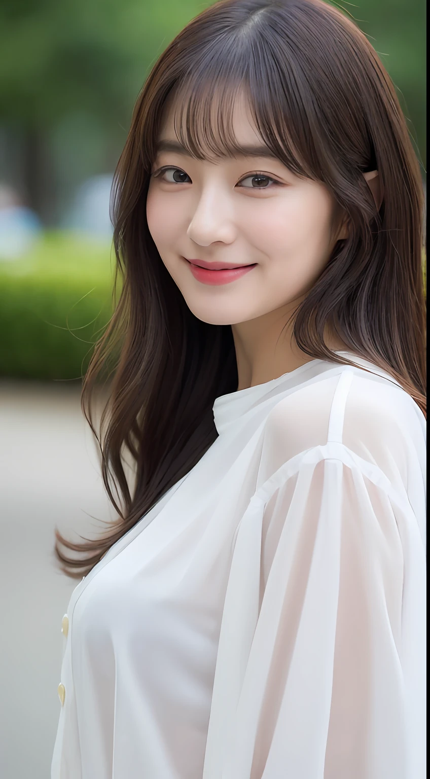 ((top-quality、8K、masterpiece:1.3))、foco nítido:1.2、Beautiful woman with perfect body shape:1.4、、(Layered Hair Style:1.2))、(Wet White Button Long Shirt:1.3)、Sateen:1.3、street:1.2、wetbody:1.1、Highly detailed facial and skin texture、A detailed eye、二重まぶた、small tits、a smile、a park、With bangs、wavy shoulder length hair、