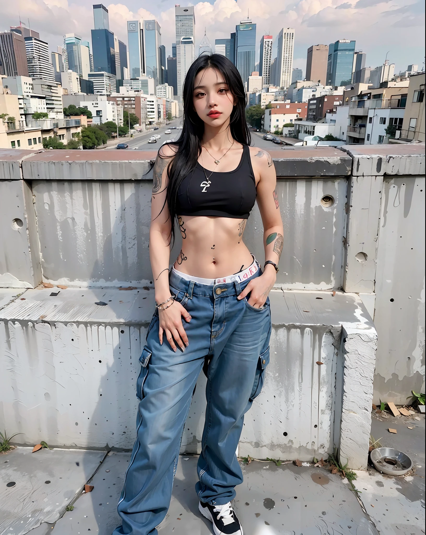 Arafed Woman with tattoos on her stomach standing on a ledge, her belly button is exposed, taken in the early 2020s, Cardi B, physical : tinyest midriff ever, photograph of a techwear woman, Ella lleva ropa de calle, Imagen de cuerpo entero, foto de perfil, se sienta en una azotea