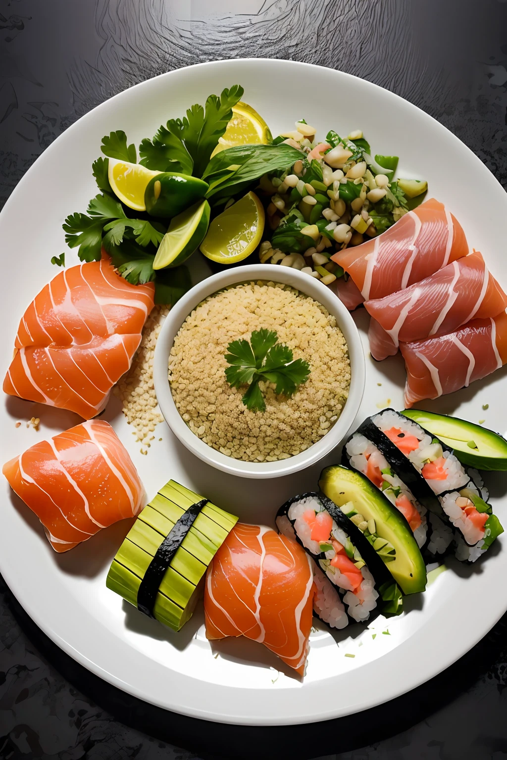 Plato de rollos de sushi con ingredientes coloridos y sabrosos, incluyendo aguacate, tuna, salmon, y cangrejo, Arranged with precision and beauty, High resolution, Asian style, Centrado en la textura y el color