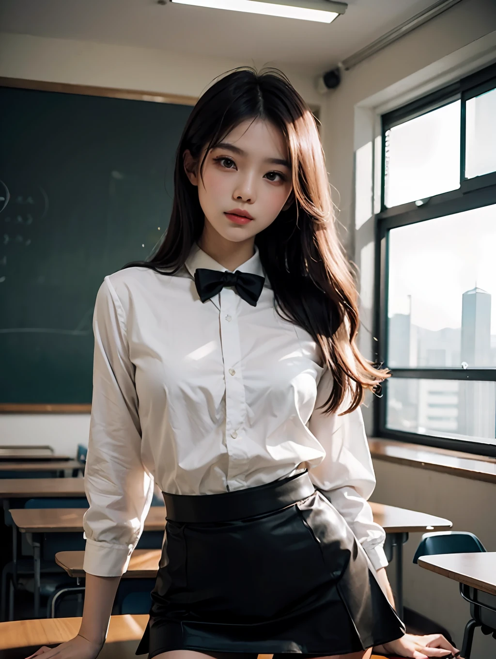 tmasterpiece，best qualtiy，ultra - detailed，illustratio，Colorful，Falt color，depth of fields，lens flare glow，1girll，Hong Kong beauty，Royal sister style，Sexy style，sitted，brunette color hair，looking at viewert，schools，‎Classroom，see-through miniskirt，see-through school uniform，lacepantyhose，Detailed skin texture，Fine cloth texture，Nice and delicate face，full bodyesbian，Sexual obsession，sexual maturity，Sexual infatuation，Sexual position，