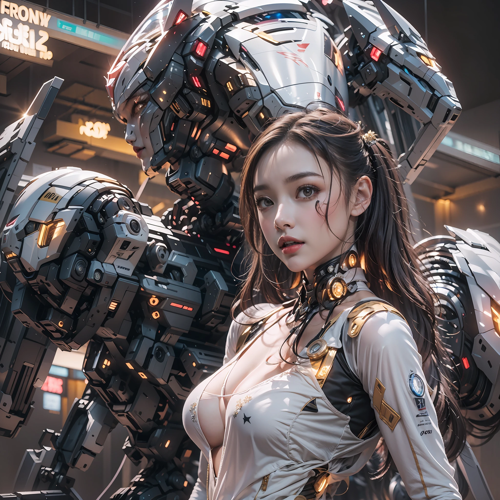 （（tmasterpiece，best qualtiy）），illustration，Ultra-detailed 8K，Clear focus，A highly detailed，Professional lighting，Colorful detailed，A girl and a mech，Beautuful Women，lottalewdsLargeMecha，cranny，with light glowing，with light glowing，Complicated details，（（1girl stands in front of the audience）），closeup cleavage，The upper part of the body