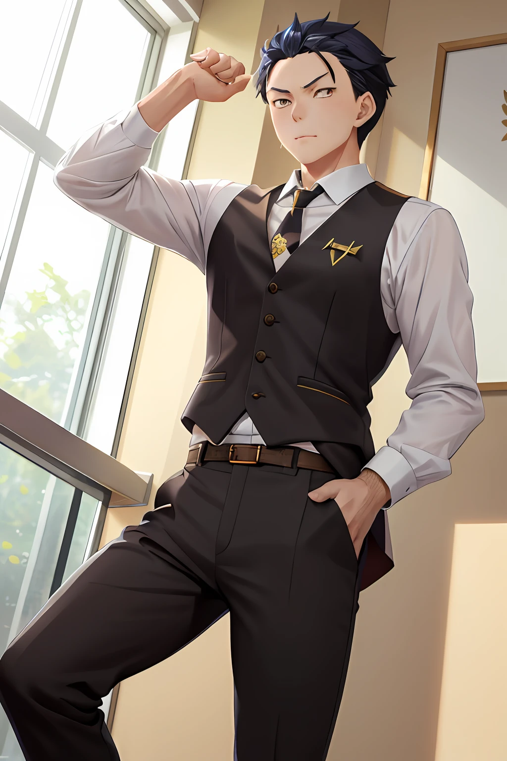 （Adult men：1.5），HD Natsuki Subaru style Pixiu masterpiece，super detailing，The male protagonist stretches his waist，Lazy gesture，Has golden eyes（eye glitter），with short golden hair，Wearing a white shirt，Wear a tie and belt，And some tiny sweat，The photographic angle is taken from below。