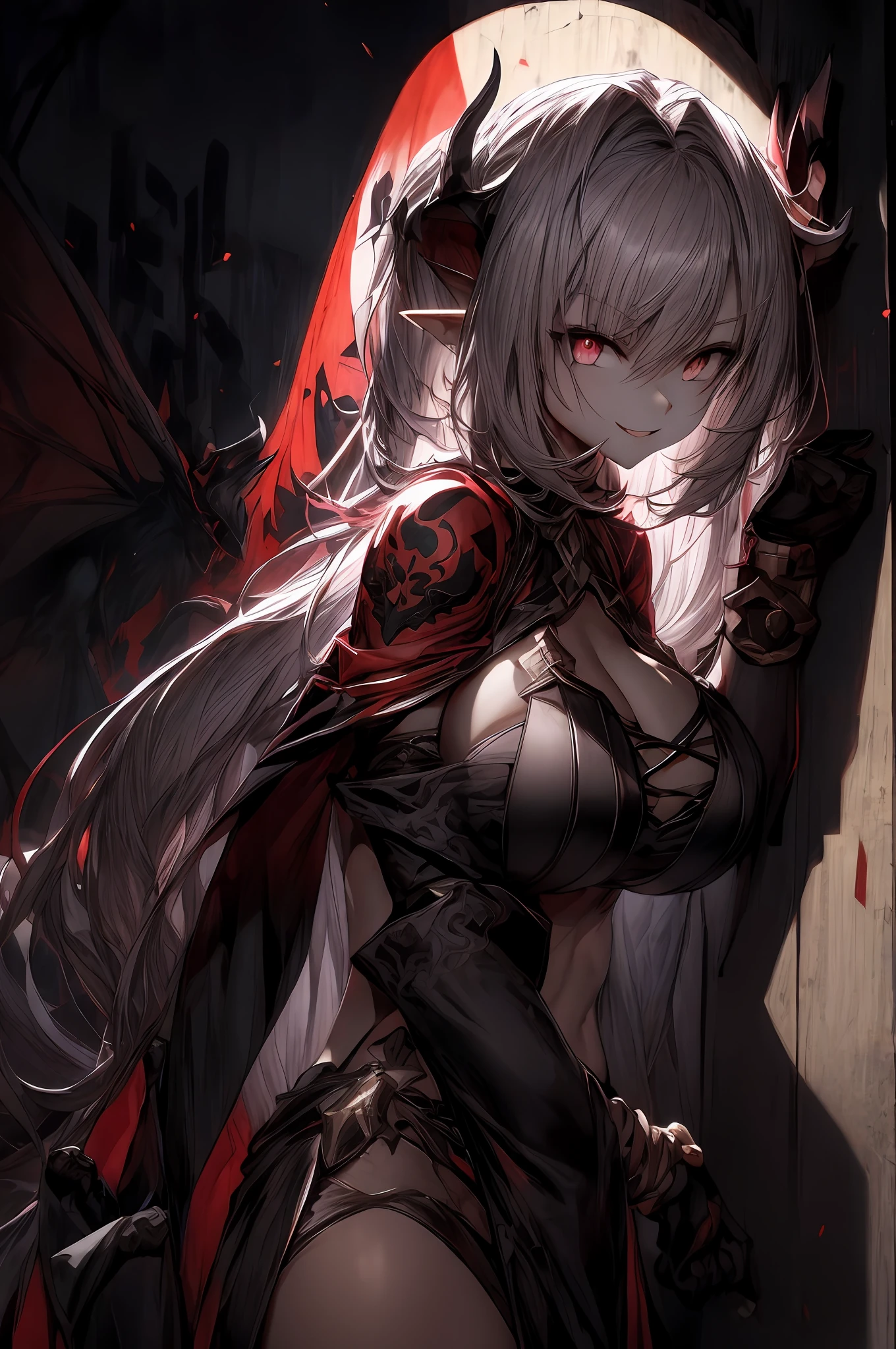 (Ashenhardt style:1.4), tmasterpiece, best qualtiy, high high quality, (Dark invisible creatures,Crimson glow and red eyes,Surrounded by darkness:1.2), (In the silhouette), (darkly:1.2), abstracted, abyssal, Award-winning photography, depth of fields, HDR, The is very detailed, Trend at Artstation, Trends in CG society, 复杂, high detal, (tmasterpiece:1.2, best qualtiy), (best illuminate, very fine and beautiful), (best illuminate,very delicate beautiful),(beautifull detailed face),(Detailed eyes and detailed face:1.2),(Young ite lolsmall beast,Sexy loli,独奏,mad smile,paleskin,G-cup,gigantic cleavage breasts!gigantic ass!huge tit!19 piercings,((tattoo all over body,Tribal tattoo on the foot))whaite hair,luminous red eyes,dynamic angle,Vampires,succubi),(Sit in front of graffiti on various walls of the city with a mischievous smile), pointy_ears, (depth of fields),hight contrast,cowboy lens,full bodyesbian,(street fashion)),punk clothing,Transparent tight-fitting underwear