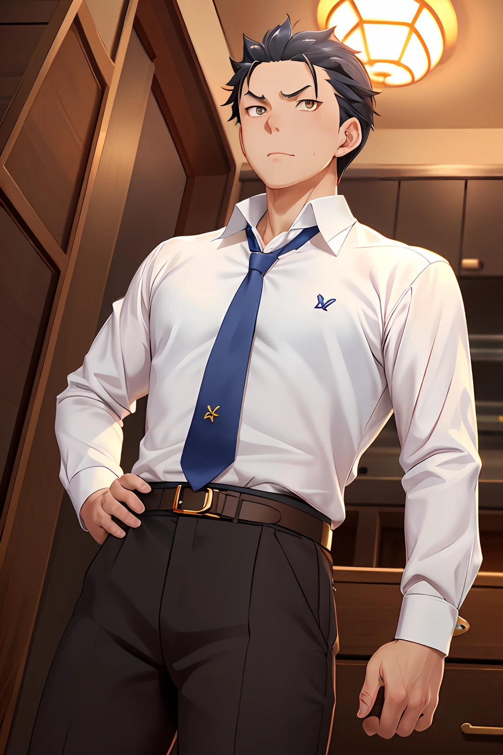 （Adult men：1.5），HD Natsuki Subaru style Pixiu masterpiece，super detailing，The male protagonist stretches his waist，Lazy gesture，Has golden eyes（eye glitter），with short golden hair，Wearing a white shirt，Wear a tie and belt，And some tiny sweat，The photographic angle is taken from below。