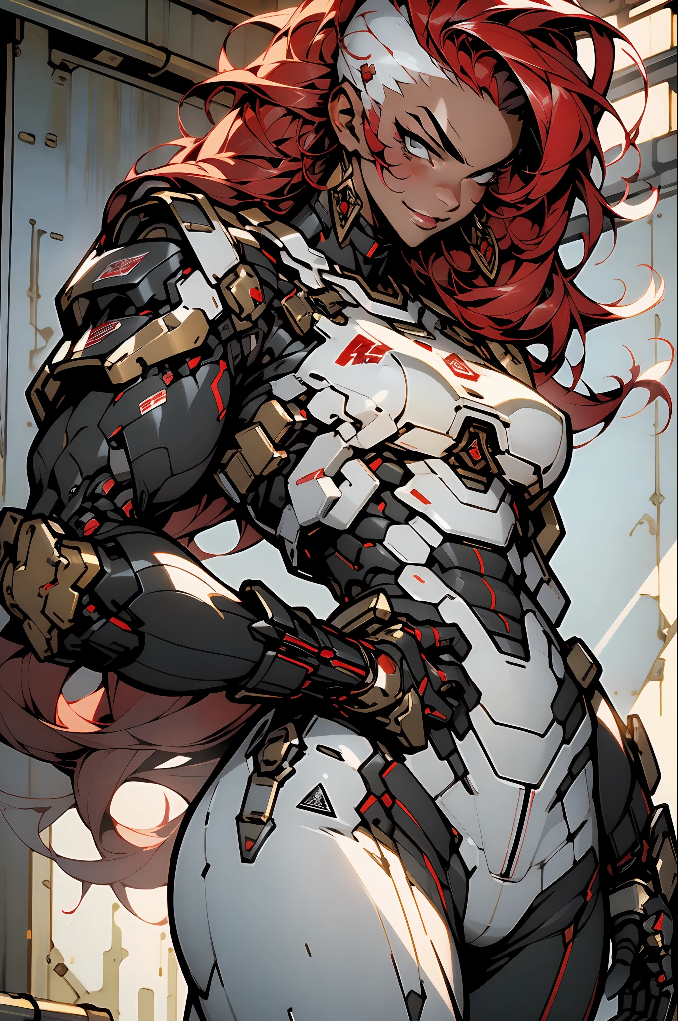 (((masterpiece))), (((best quality))), ((((absurdities))), Muscular 35-year-old adult woman with robotic armor, large breasts, sensual pose, white mohawk hair with red locks, proportional body, full body, beautiful, mischievous smile, military installation