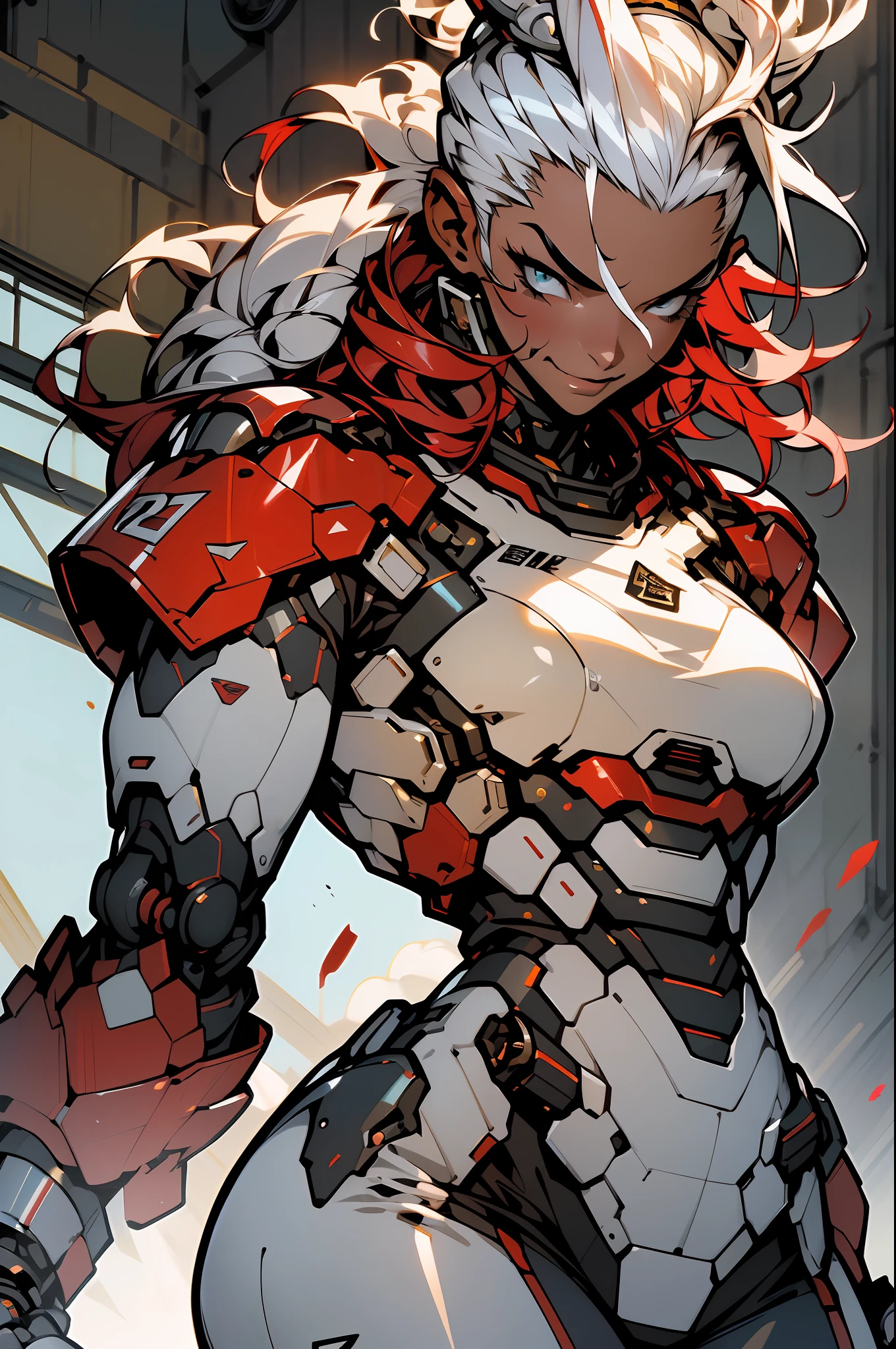 (((masterpiece))), (((best quality))), ((((absurdities))), Muscular 35-year-old adult woman with robotic armor, large breasts, sensual pose, white mohawk hair with red locks, proportional body, full body, beautiful, mischievous smile, military installation