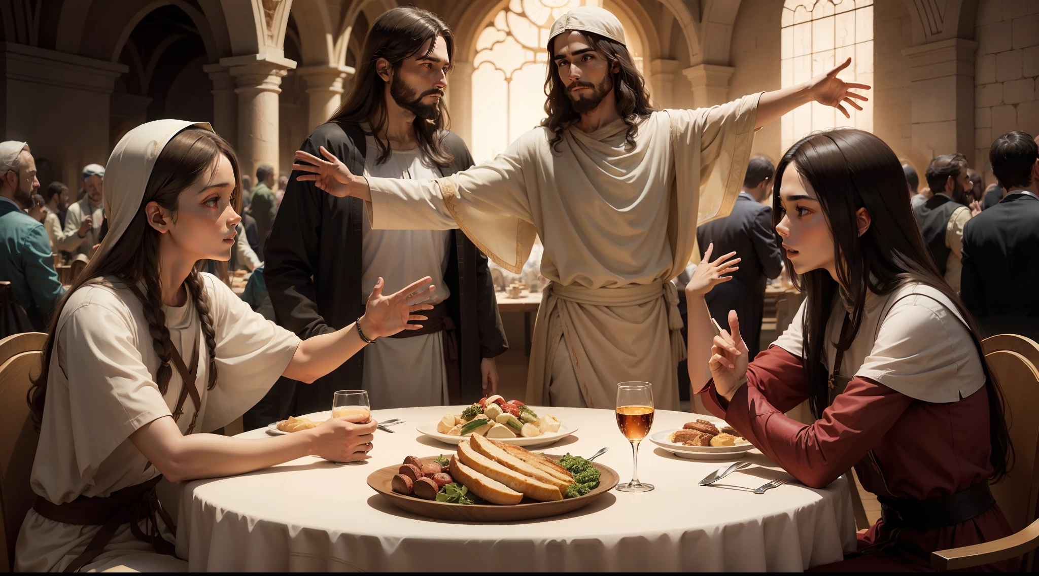 Jesus, depicted with open arms, inviting individuals from various walks of life to join the table.