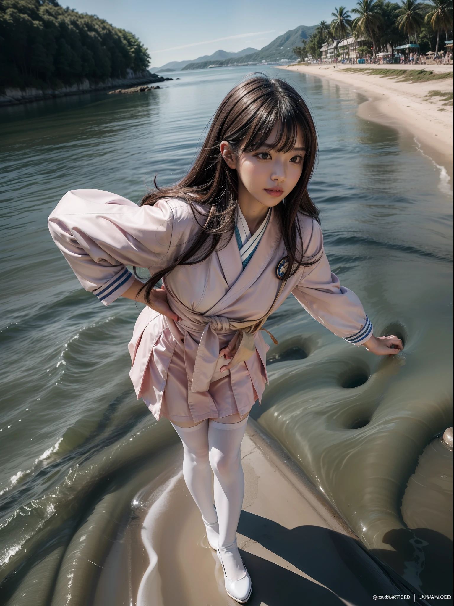 Splitting characters is prohibited，(Full body shot:1.3), Must show your face, anatomy correct, Seaside during the day，There is standing water，high-heels,Tights are mandatory, Pink and white Japanese JK student uniform， A shallow laugh, Complex and diverse backgrounds，Strangling effect,hyper HD, Ray traching, structurally correct, Award-Awarded, high detal, lightand shade contrast, Face lighting，cinmatic lighting, tmasterpiece, super detailing, high high quality, high detal, best qualityer, 16k