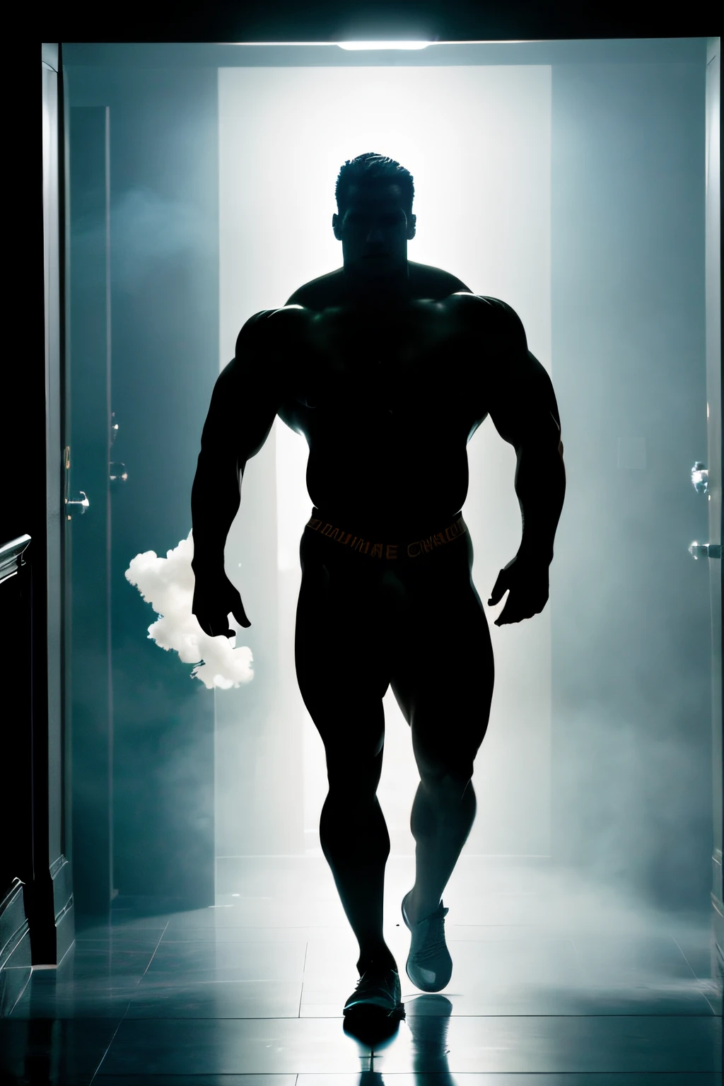 There is a muscular man (huge) standing in front of a big screen with smoke, bodybuilder body, He is wearing a tight thong, he is walking down a dark corridor, a cloudy corridor, knee-deep in smoke or fog, the man's eyes glow cyan, his handsome face is slightly outlined. Deep Colors and Dark Shadows, Contest Highlights, Inspired by George Barrett, Jr., Volumetric Atmosphere, Silhouettes, Official Photos, Sinister