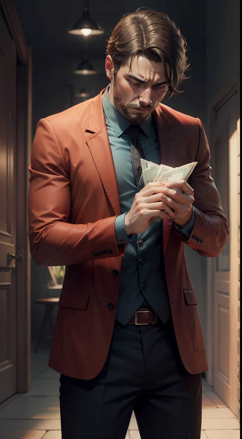 A sad man with his head down holding money in his hand, cores vermelhas, desenhar estilo de arte, 8k muito detalhado, fundo escuro,