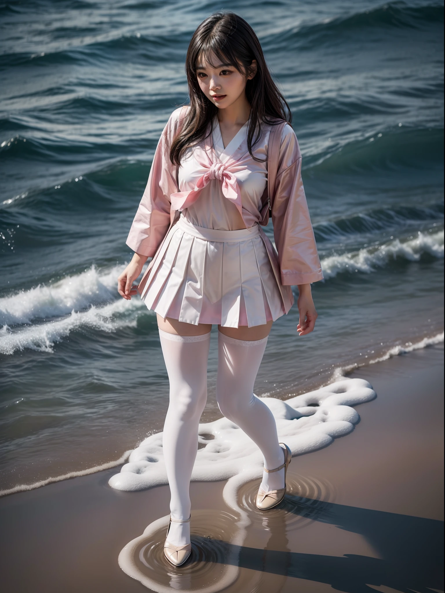 Splitting characters is prohibited,(Full body shot:1.3), Must show your face, anatomy correct, Seaside during the day,There is standing water,high-heels,Tights are mandatory, Pink and white Japanese JK student uniform, A shallow laugh, Complex and diverse backgrounds,Strangling effect,hyper HD, Ray traching, structurally correct, Award-Awarded, high detal, lightand shade contrast, Face lighting,cinmatic lighting, tmasterpiece, super detailing, high high quality, high detal, best qualityer, 16k