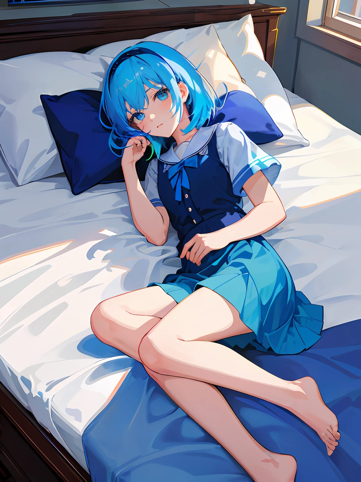 one-girl, Wear blue short sleeves, blue color eyes, Bare legged, on top of the bed, pigment, pillow head, Study desk, janelas, rays of sunshine, multicolored hair, blue hair ribbon, bow hair band, Color field painting, Tonalism, Impressionism, hyper HD, Masterpiece, ccurate, High details, Best quality
