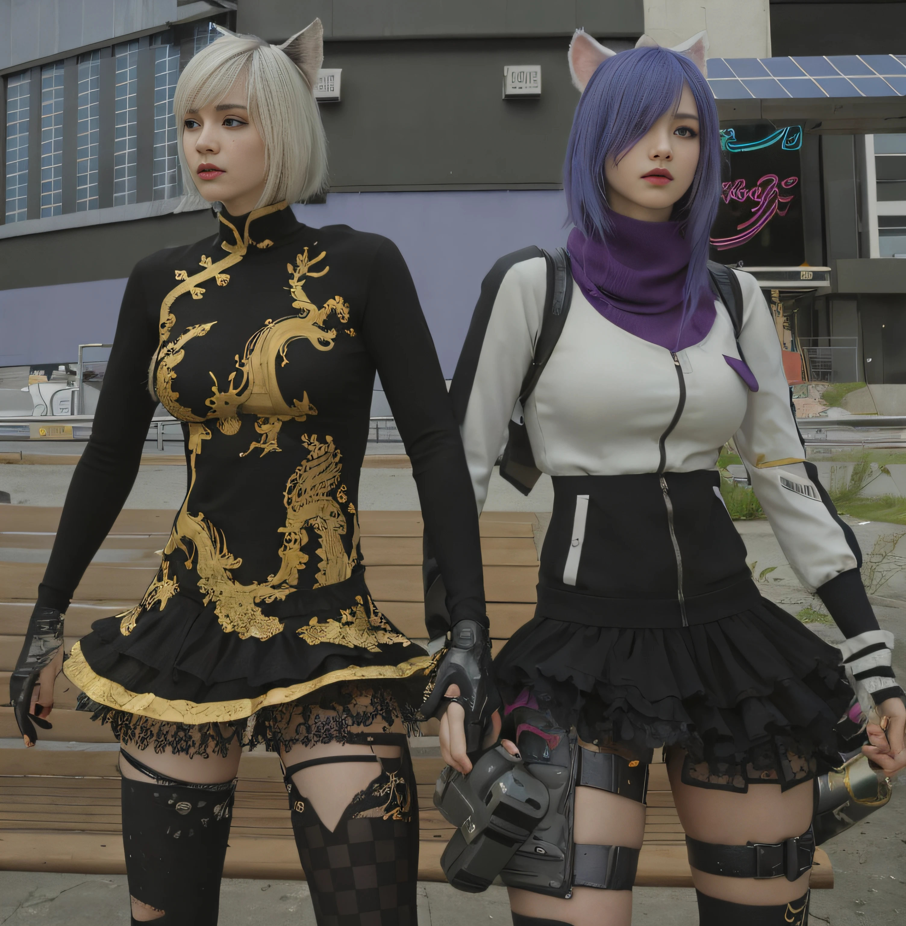 Two women dressed in costumes standing next to each other holding hands, Hand in hand, Holding hands, vestido com roupas crustpunk, Nixeu e Sakimichan, vestido com roupas punk, Ayami Kojima e Lyde Caldwell, jrpg aztec moda de rua, jrpg moda, roupas diversas, medium shot of two characters, KDA e Sam Yang, estilo de jogo square enix, mechanic punk outfit,  Motor irreal : : maquiagem, Retrato de Jinx de Arcane,  atraente,  gatinha, gatinha jovem bonita,  com o rosto muito detalhado,
