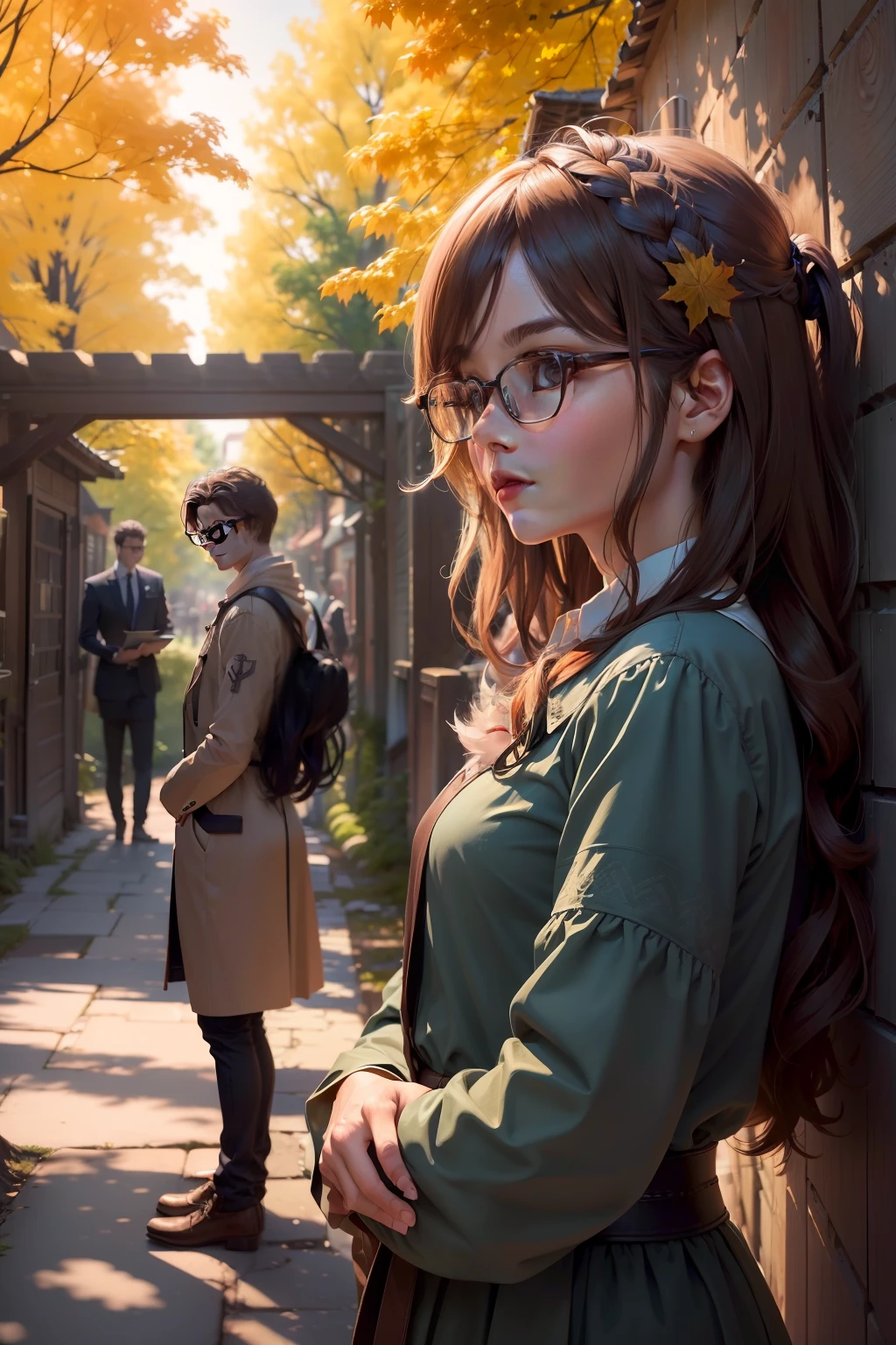 (((Quality:8k ultra-detailed wallpaper, best qualtiy))), In the alley,Under the maple tree, A lady with flowing hair faces the maple tree, Three people in the picture,A boy with glasses looked at her intently,Another handsome boy secretly aimed at the beauty from a distance。