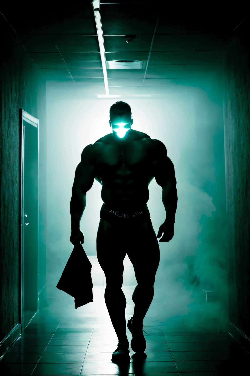 There is a muscular man (huge) standing in front of a big screen with smoke, bodybuilder body, He is wearing a tight thong, he is walking down a dark corridor, a cloudy corridor, knee-deep in smoke or fog, the man's eyes glow cyan, his handsome face is slightly outlined. Deep Colors and Dark Shadows, Contest Highlights, Inspired by George Barrett, Jr., Volumetric Atmosphere, Silhouettes, Official Photos, Sinister