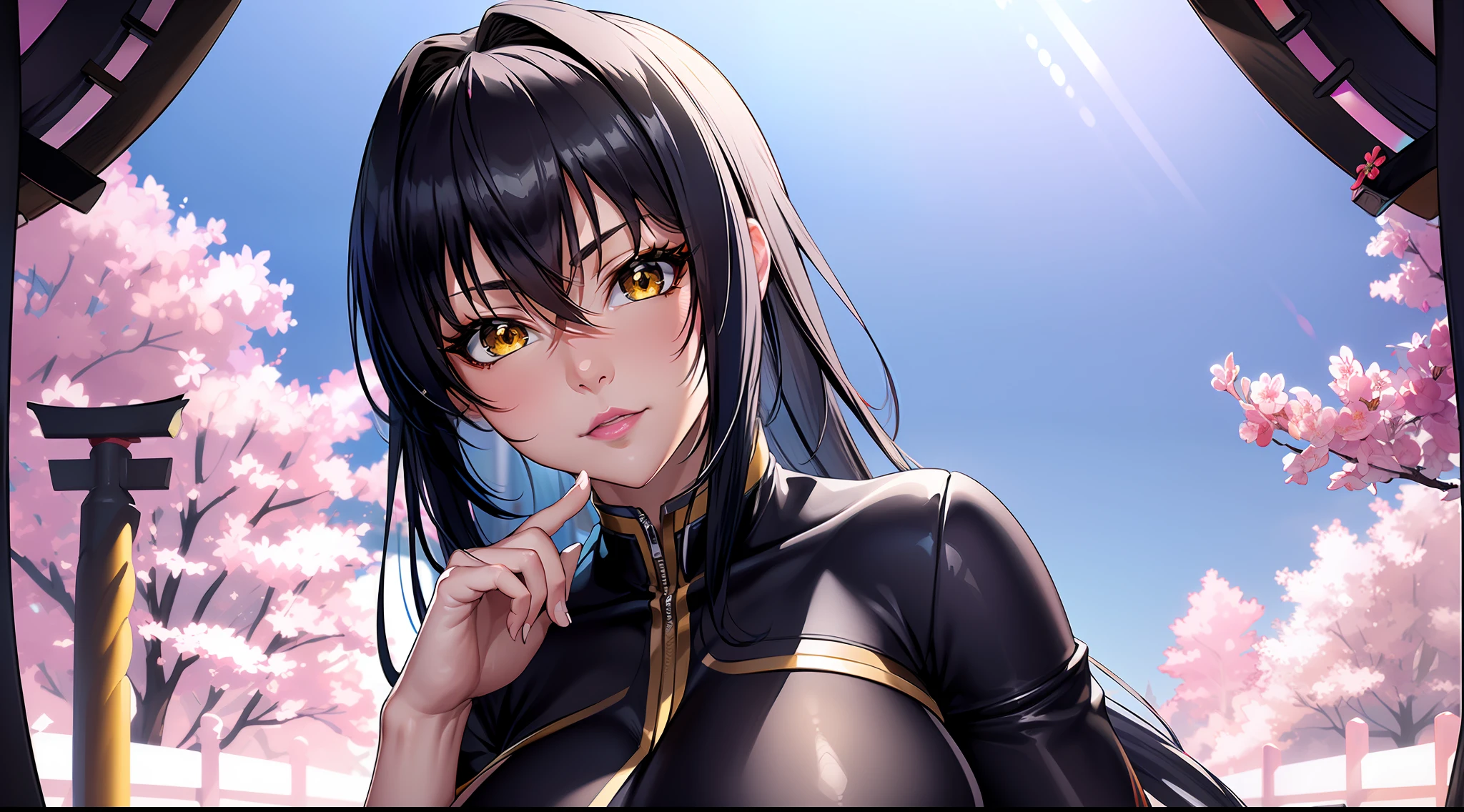 professional artwork, Intricate Details, field of view, sharp focus, detailed painting, photorealistic lighting, trending on pixiv, Standing at attention, ((japanese school summer uniform)), black hair,very long hair, Bangs,yellow eyes,makeup, lipstick, 20yo,mature female,Beautiful Finger,Beautiful body,Beautiful Nose,Beautiful character design, perfect eyes, perfect face, looking at viewer,official art,extremely detailed CG unreal engine 8k wallpaper, perfect lighting,Colorful, Bright_Front_face_Lighting, (masterpiece:1.0),(best_quality:1.0), ultra high res,4K,ultra-detailed, photography, 8K, HDR, highres, (plain white background:1.2), (Beautiful,large_Breasts:1.4), (beautiful_face:1.5),(narrow_waist), (solo:1.4), ((landscape dimension)), rich detailed makeup, rich detailed eyeshadow, rich detailed lips, rich detailed lipstick, eyes lens, beautiful eyes lens, ultra detailed eyes, (solo:1.4), ((half body shot:1.2))
