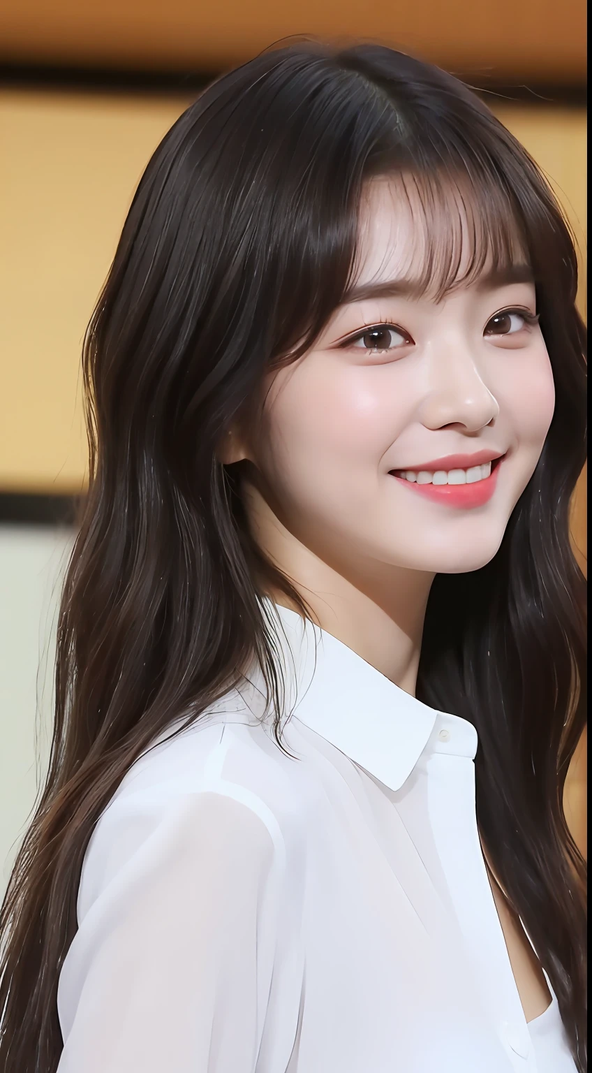 ((top-quality、8K、masterpiece:1.3))、foco nítido:1.2、Beautiful woman with perfect body shape:1.4、、(Layered Hair Style:1.2))、(Wet white button long shirt:1.3)、Sateen:1.3、Street:1.2、wetbody:1.1、Highly detailed facial and skin texture、A detailed eye、二重まぶた、small tits、A smile、Inside the café、With bangs、wavy shoulder length hair、