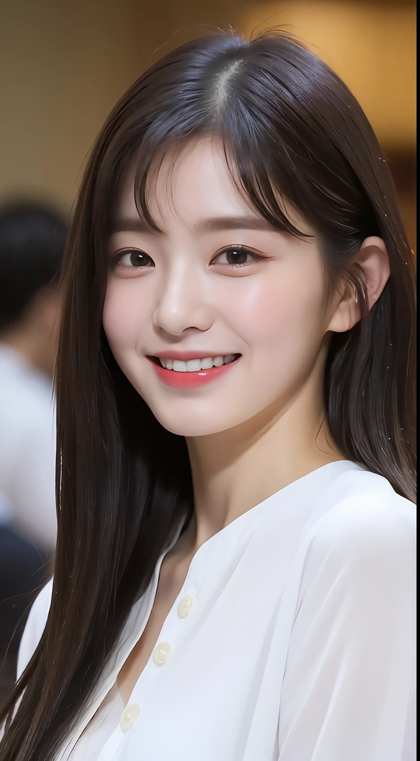 ((top-quality、8K、masterpiece:1.3))、foco nítido:1.2、Beautiful woman with perfect body shape:1.4、、(Layered Hair Style:1.2))、(Wet white button long shirt:1.3)、Sateen:1.3、Street:1.2、wetbody:1.1、Highly detailed facial and skin texture、A detailed eye、二重まぶた、small tits、A smile、Inside the café、With bangs、wavy shoulder length hair、