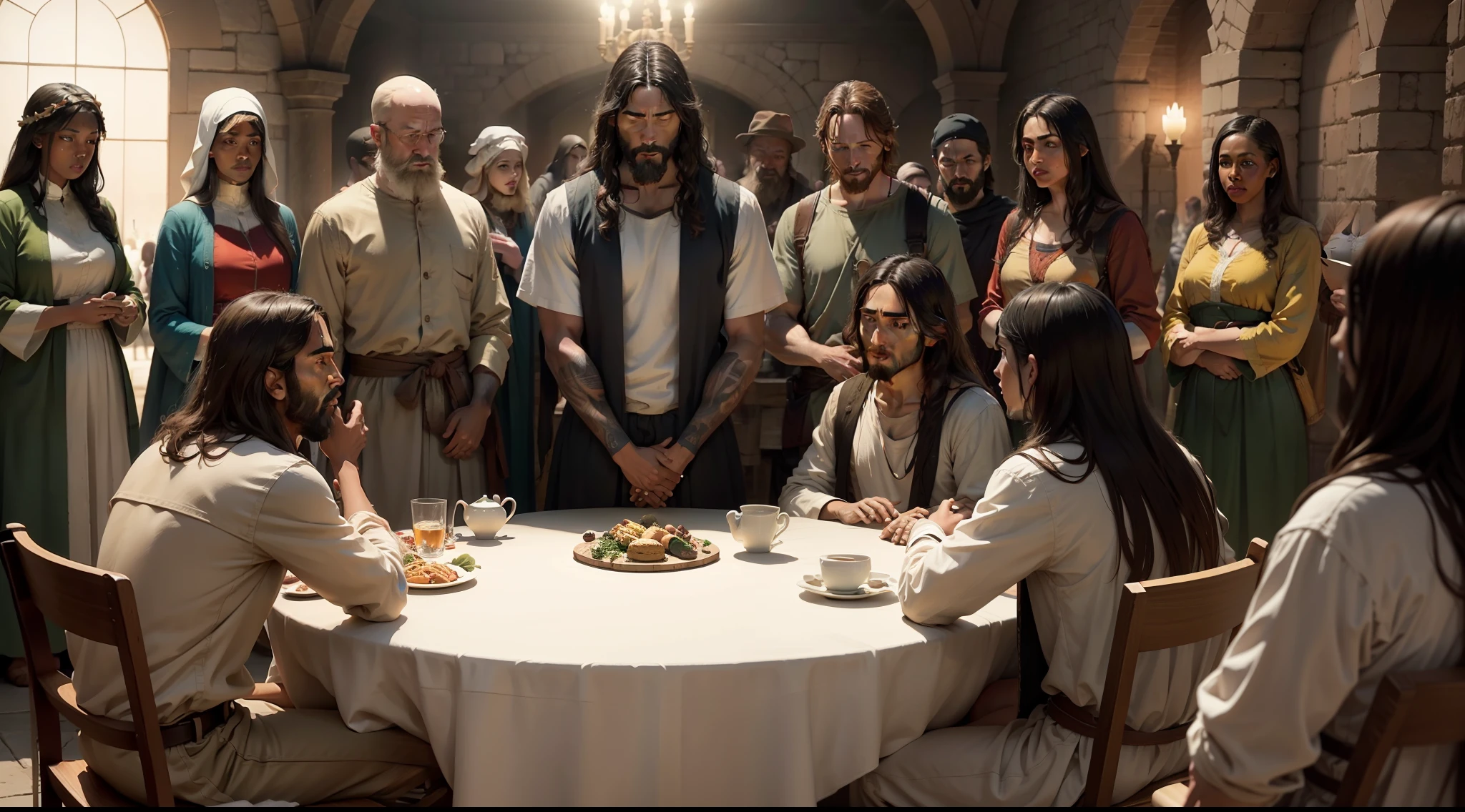 A final scene showing Jesus and the diverse group of individuals, united by the table of inclusivity, symbolizing the story's theme.