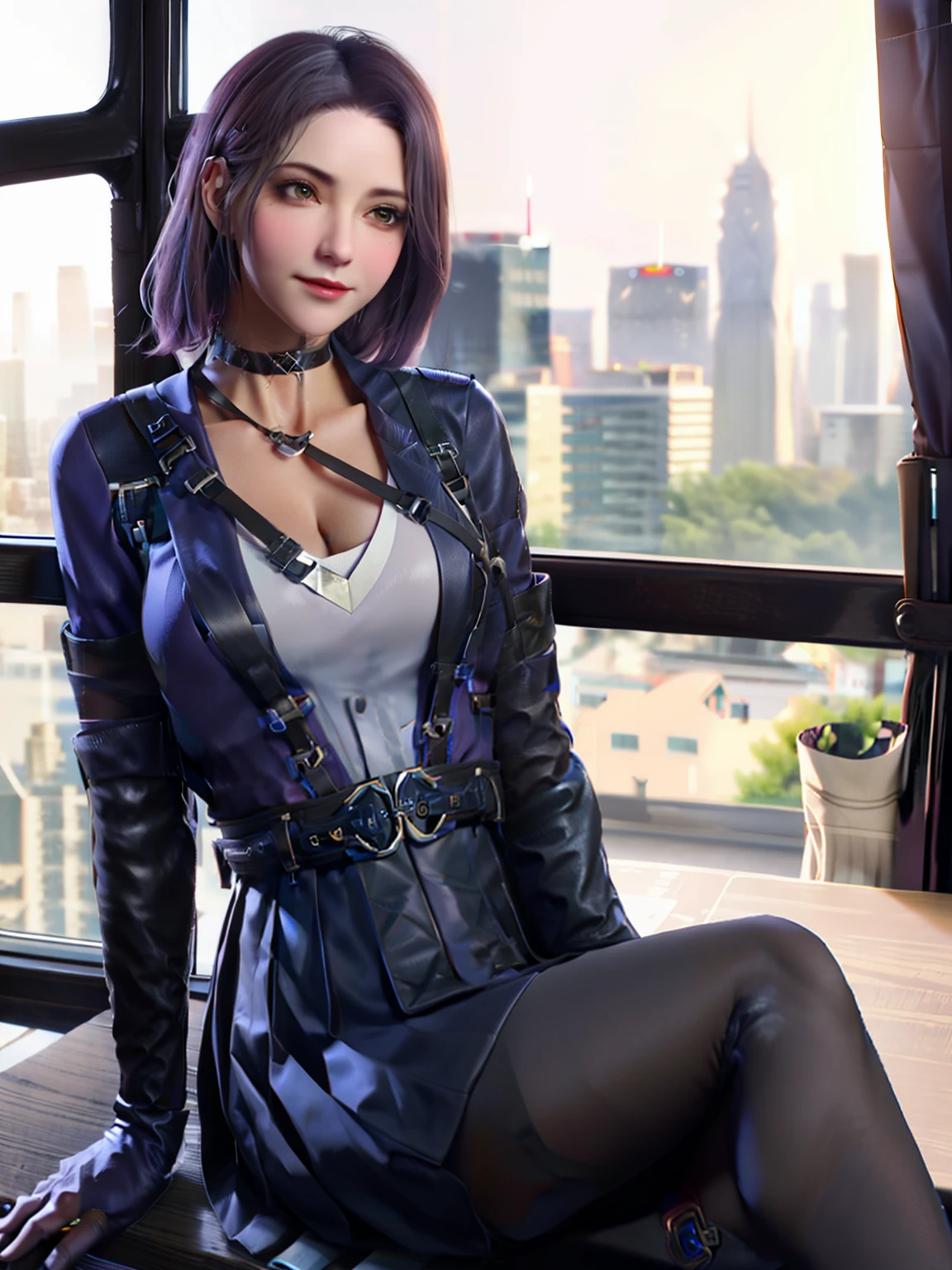 Mature female,belt,Pantyhose, arms back behind, Cityscape,Night,face markings,Sitting,chair,Close-up, Indoors,Table,window, 1girll,Blush,Skirt,pouch, Jacket,belt pouches,thigh holster, Tight straps,view the viewer, shirt,choker necklace,arms back behind,