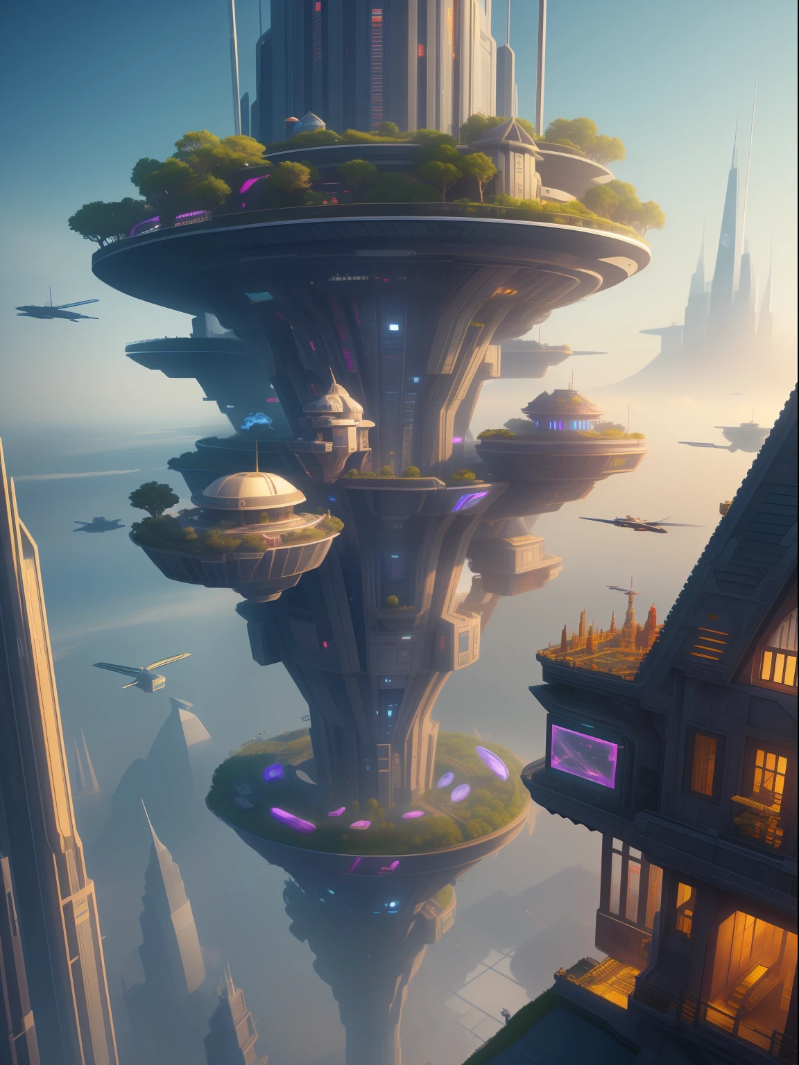 Future city suspended in the air，Many small ships flew around，城市，fanciful，extremy detailed，realistic raytraicing，Epic composition，（Complicated details），（Complex design，Hyper-detailing：1.2），art  stations， （tmasterpiece，best qualtiy），hyper HD，32K --v 6