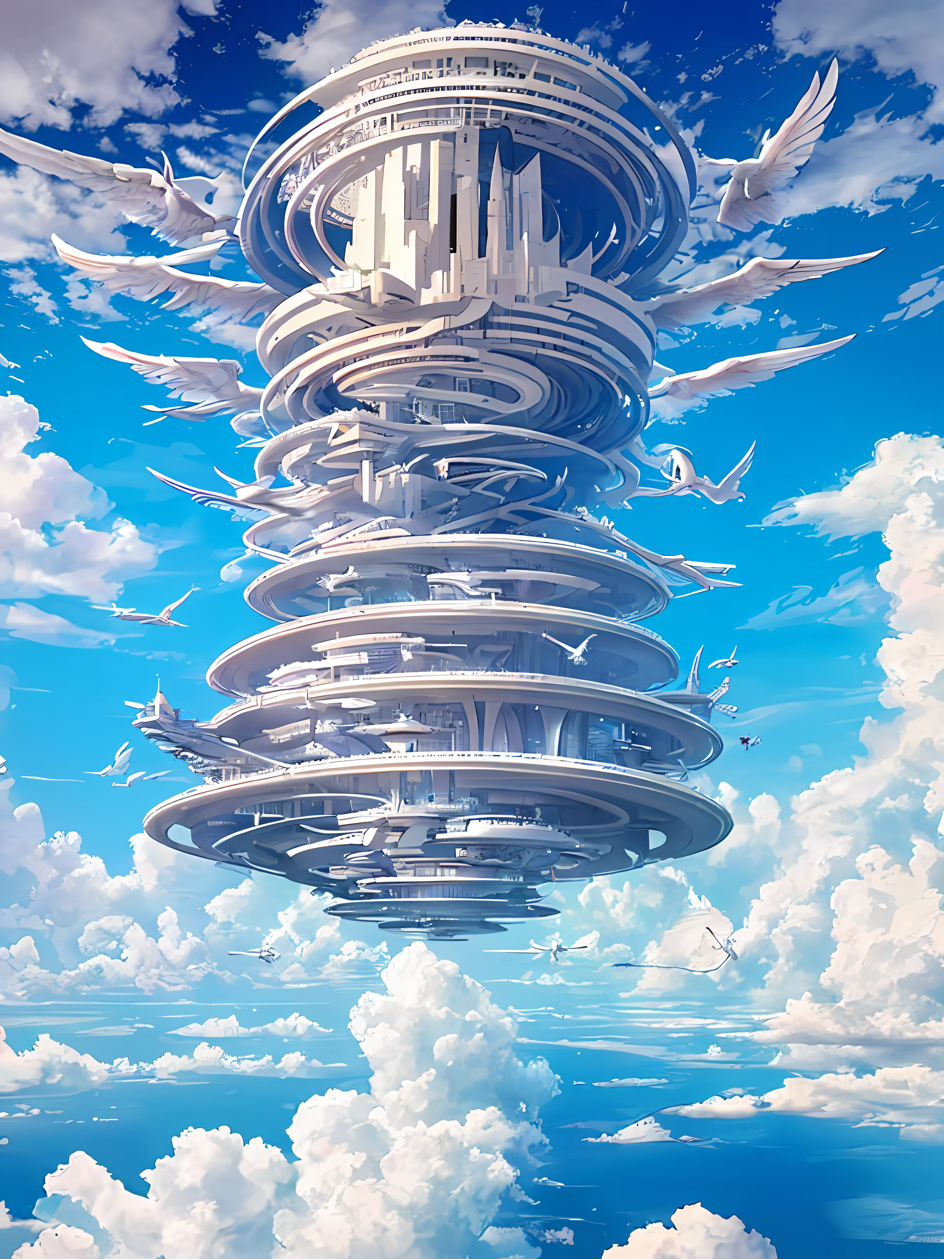 bird's eyes view，(sky cities），Lots of clouds，Sea of Clouds，Giant towers and ring-shaped stacked buildings at the top of the city，There are many arches and bridges，and the sci-fi crystal cathedral with flying buttresses，waterfallr，Many ships，Matte painting by James Gurney，Trends on CGSociety，Supersaturation，Super sharp，Ultra-realistic