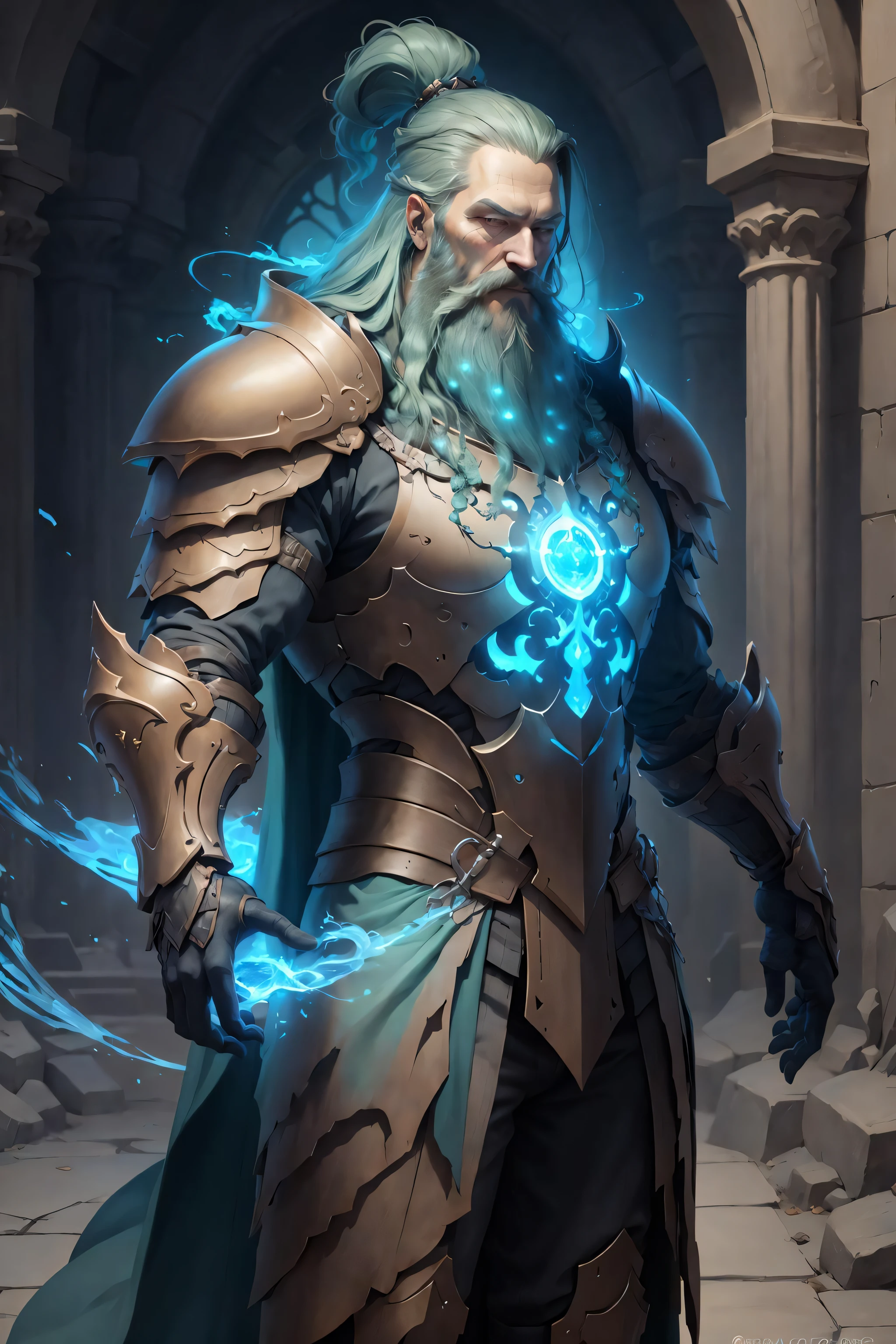 portrait, sage wizard, long beard, sc3pt4 style drawing, baroque armor