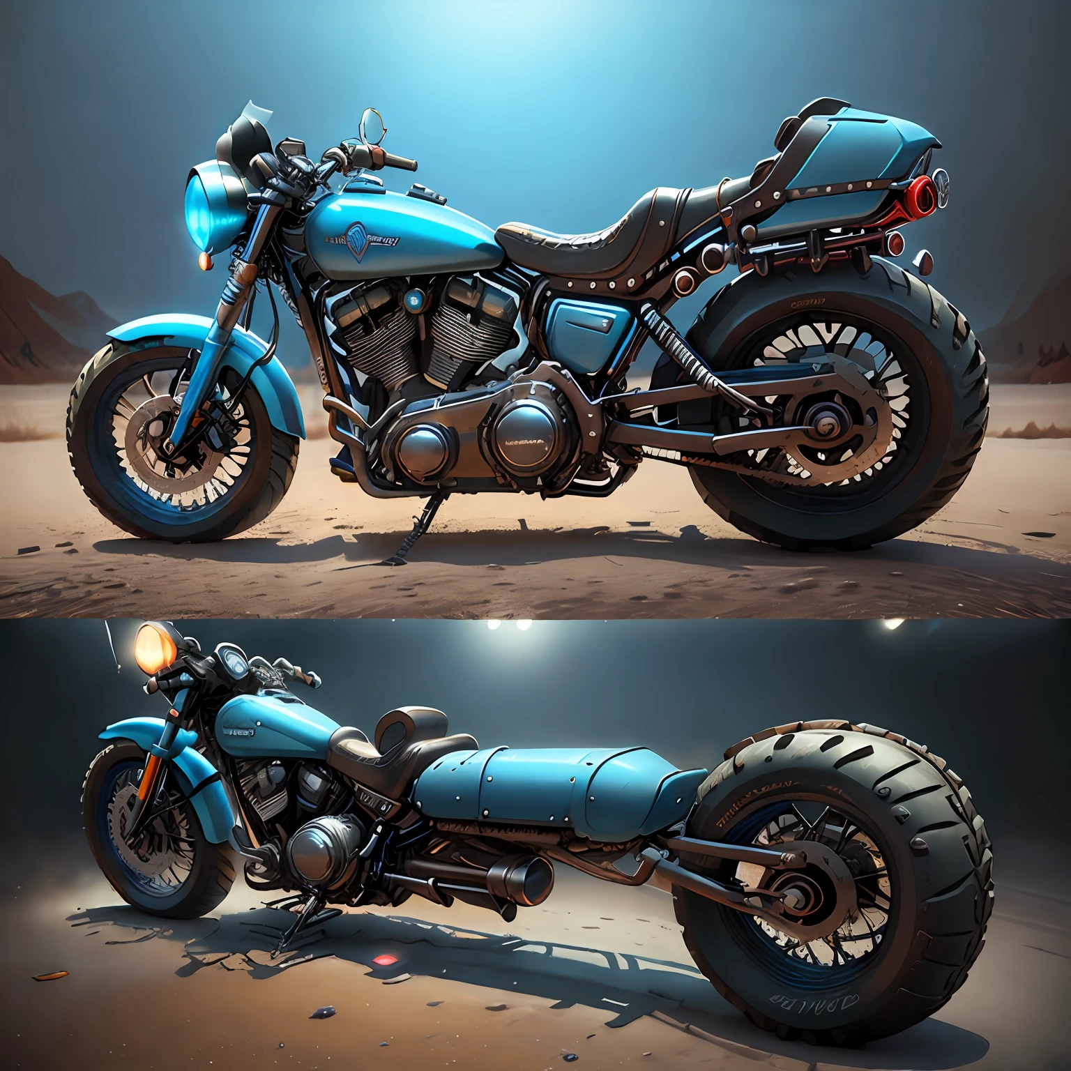 Harley-Davidson Estrada Desliza: A touring bike with a characteristic double windshield,(total view) ,Mad Max ,CogPunkAI ,Cores 64 k, (AZUL NEON),4D ,rota 66